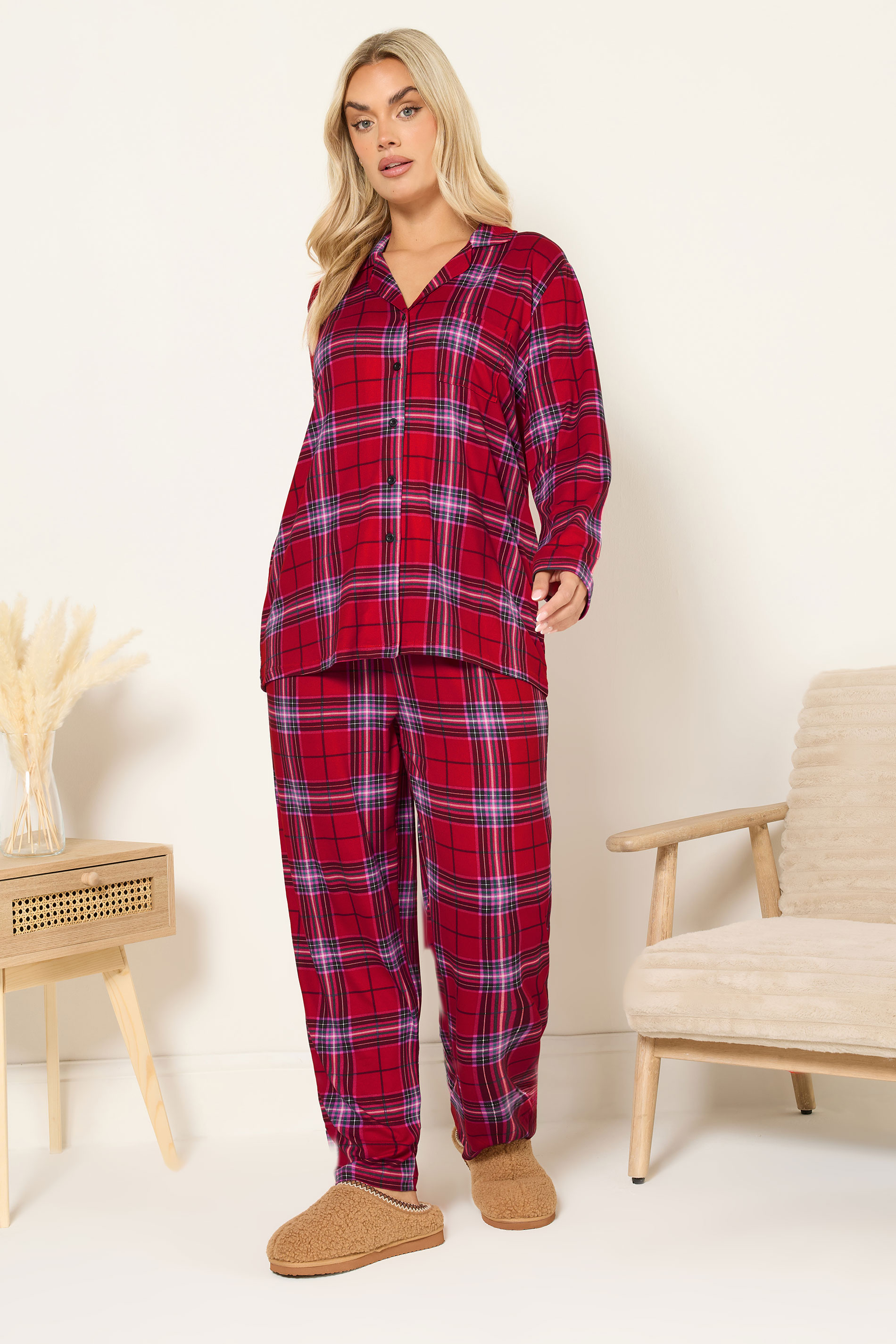 YOURS Plus Size Red Check Soft Touch Pyjama Set | Yours Clothing 2