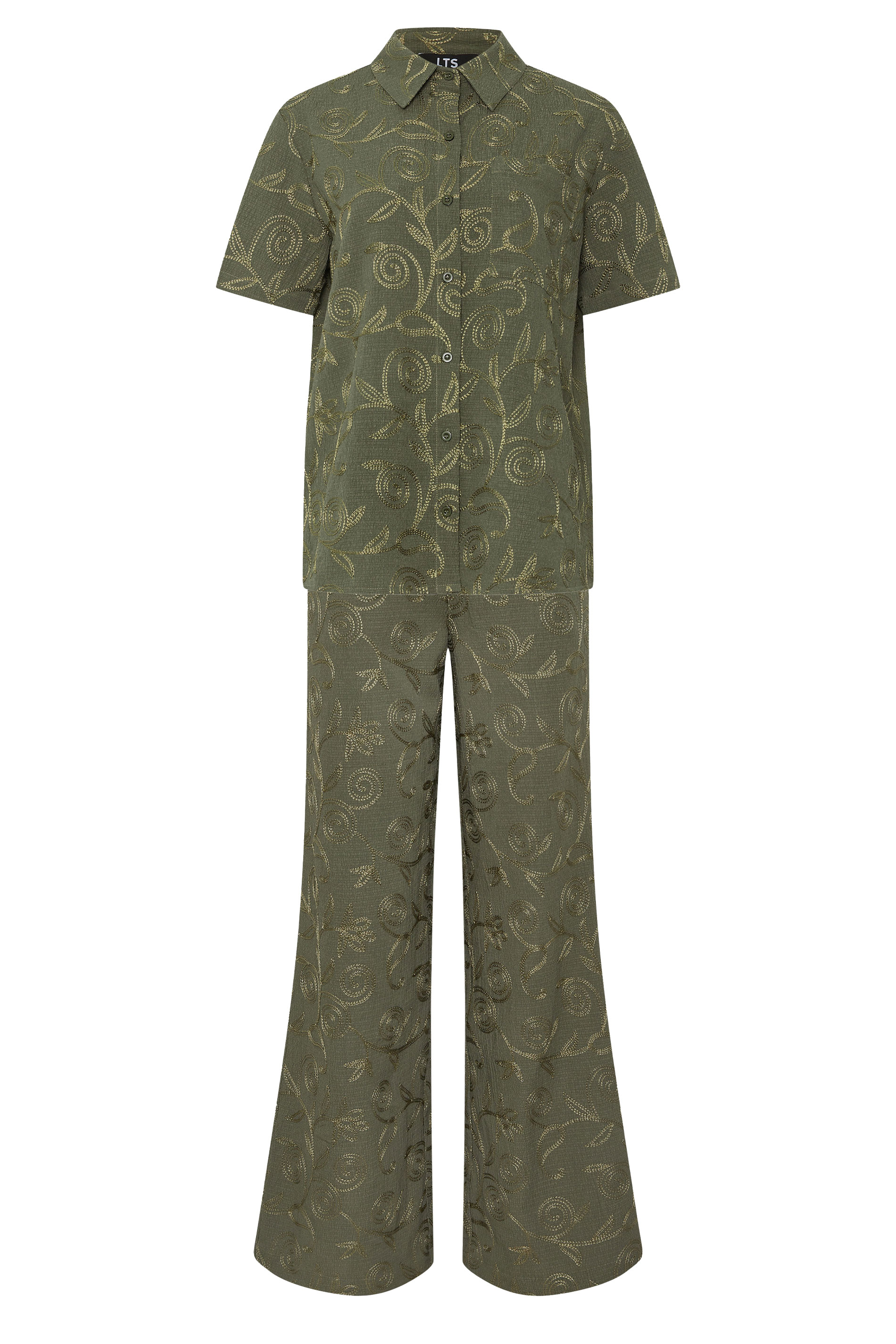 LTS Tall Women's Set Olive Green Floral Embroidered Shirt & Trousers | Long Tall Sally  6