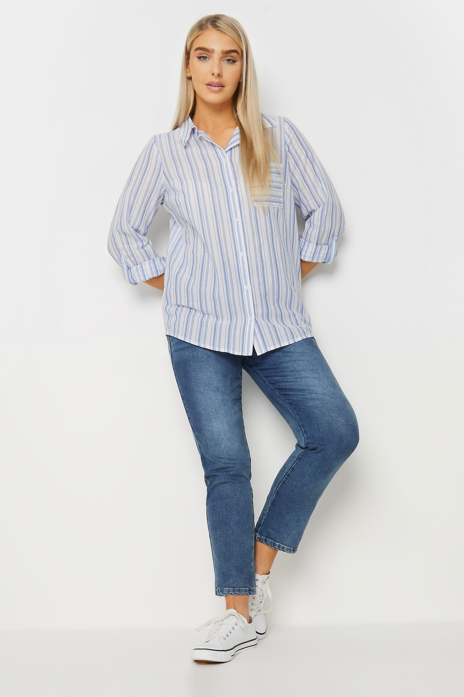 M&Co White & Blue Striped Tab Sleeve Shirt | M&Co 2