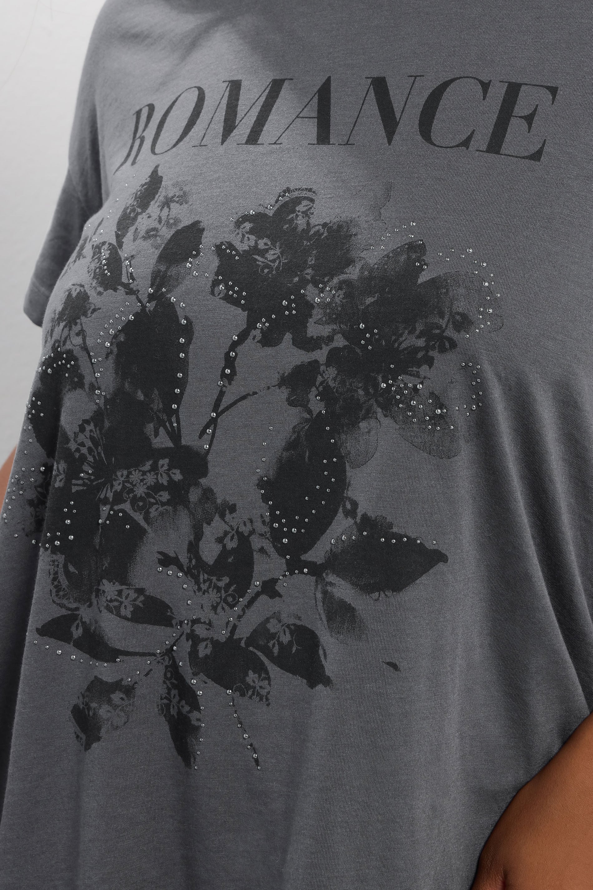 YOURS Plus Size Grey Floral 'Romance' Embellished Slogan T-Shirt | Yours Clothing 5