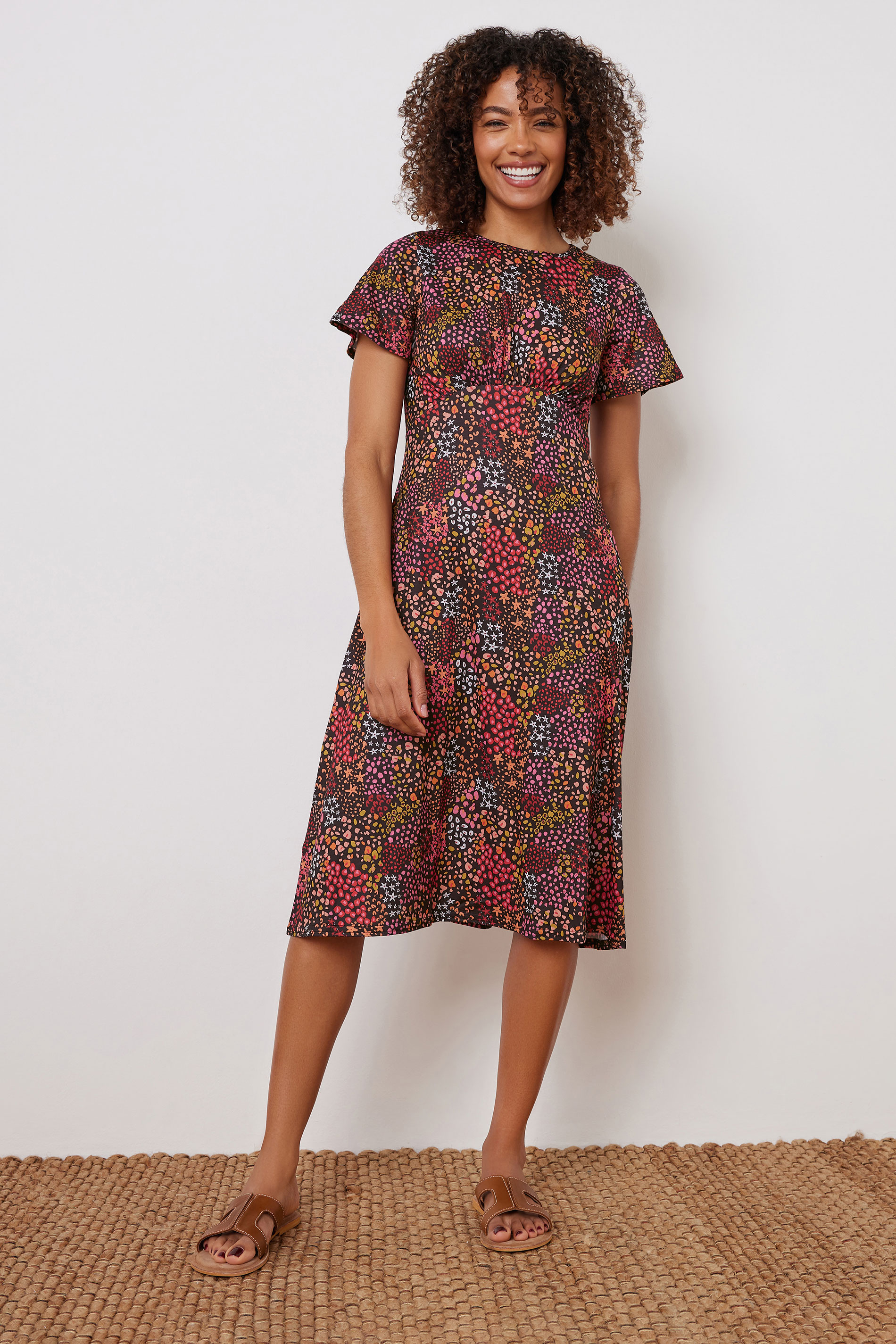 M&Co Orange Mixed Print Short Sleeve Midi Dress | M&Co 3