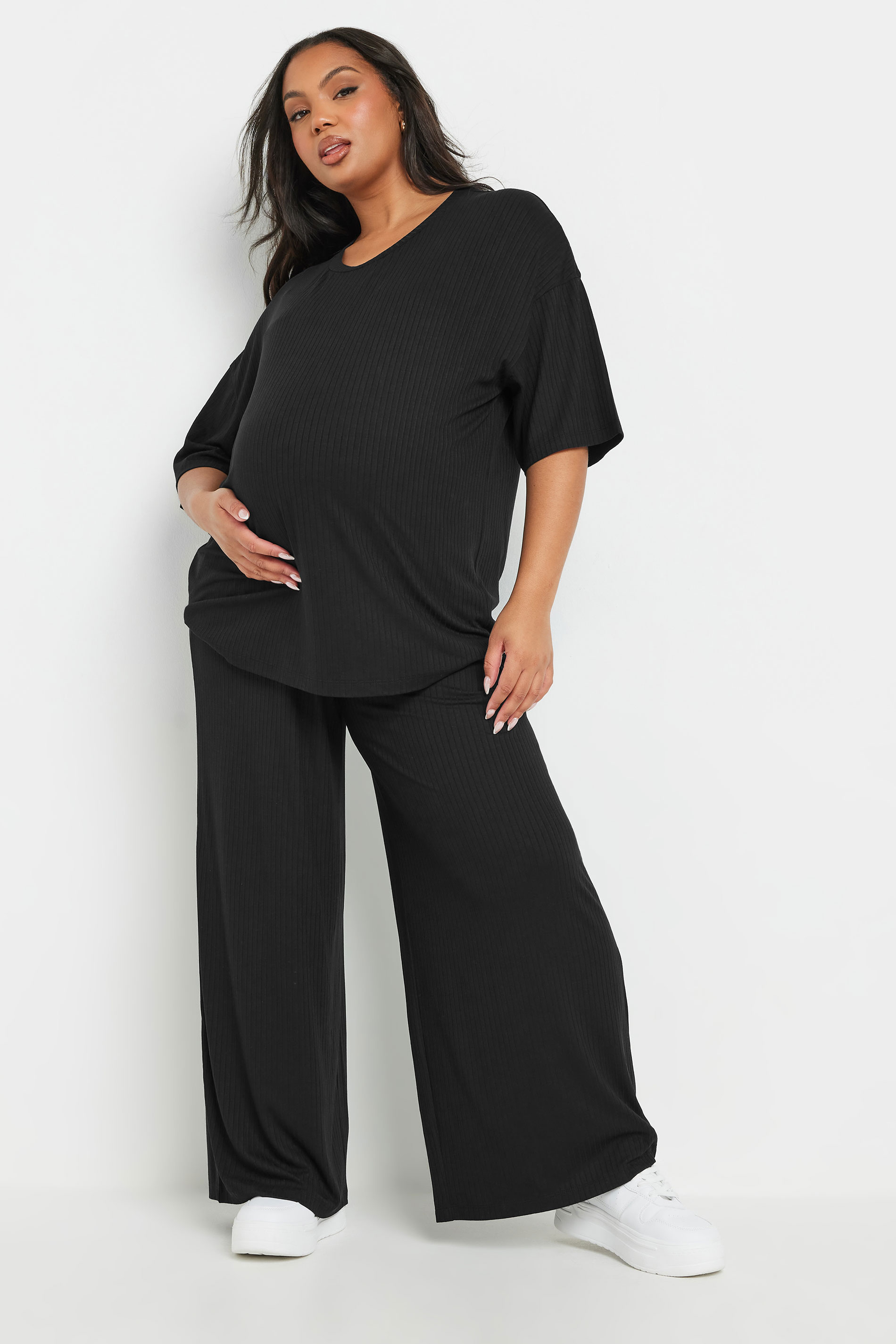 BUMP IT UP MATERNITY Plus Size Black Premium Modal Ribbed Wide Leg Trousers | Yours Clothing 1