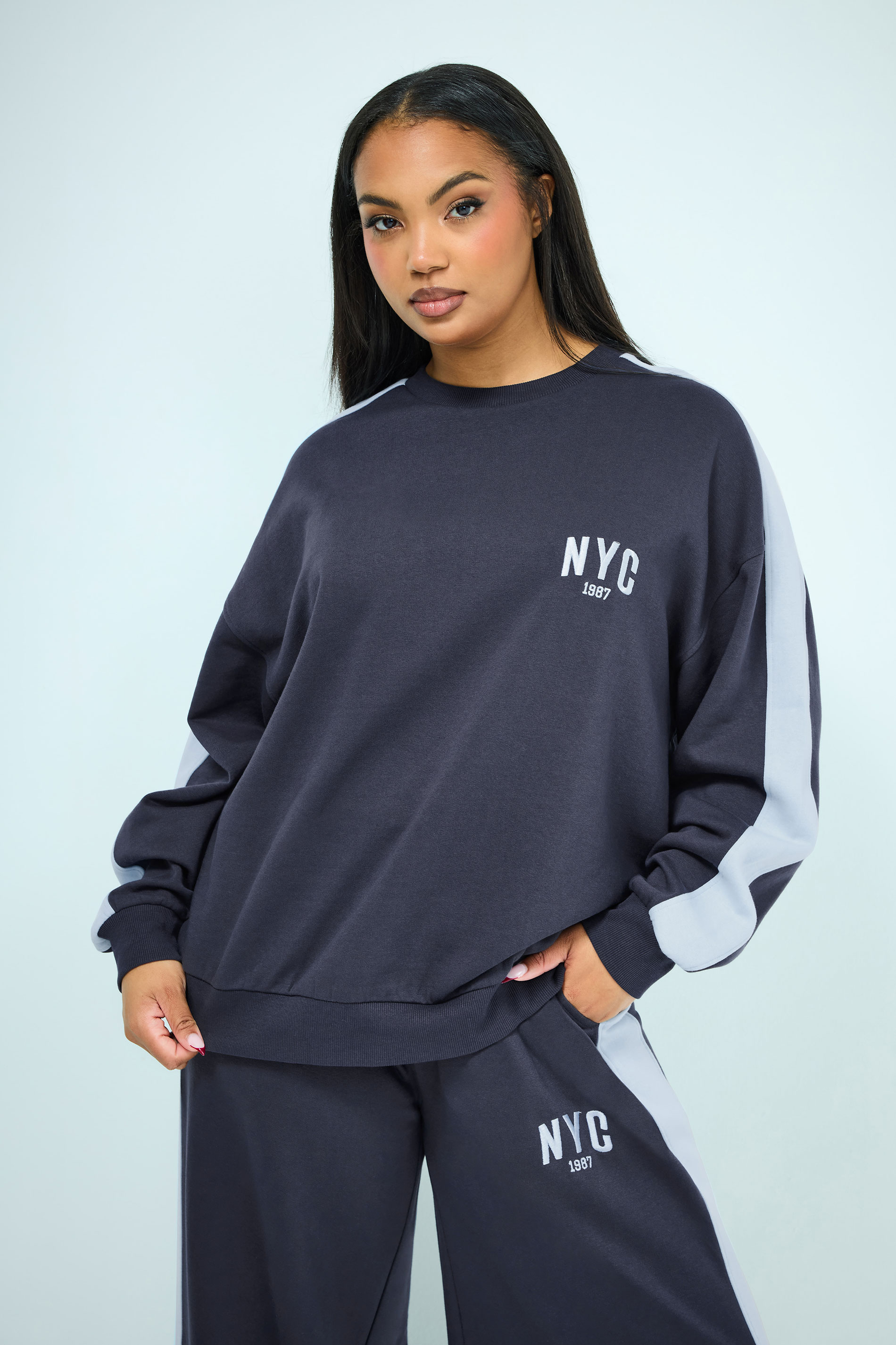 YOURS Plus Size Navy Blue 'NYC' Side Stripe Sweatshirt | Yours Clothing 1