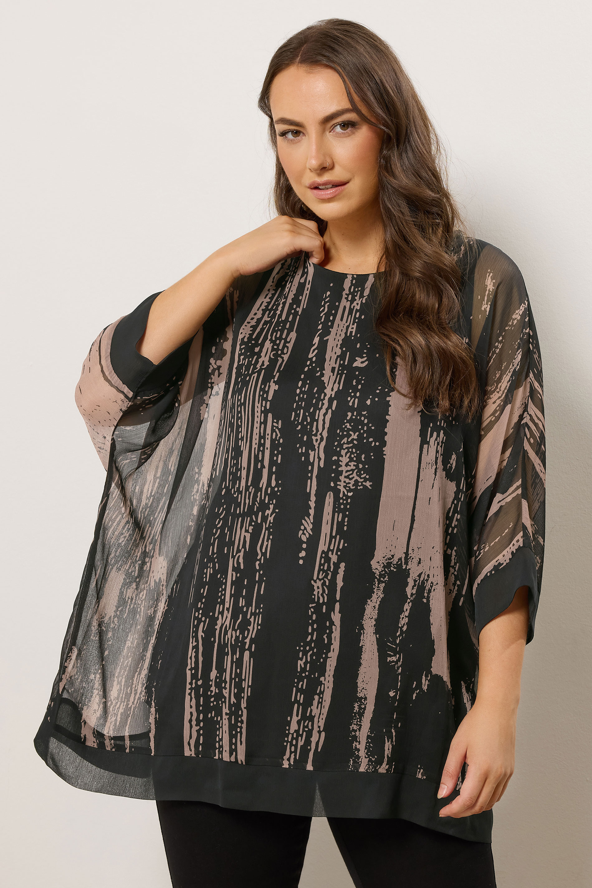 EVANS Plus Size Black & Brown Smudge Print Cape Top | Evans 1