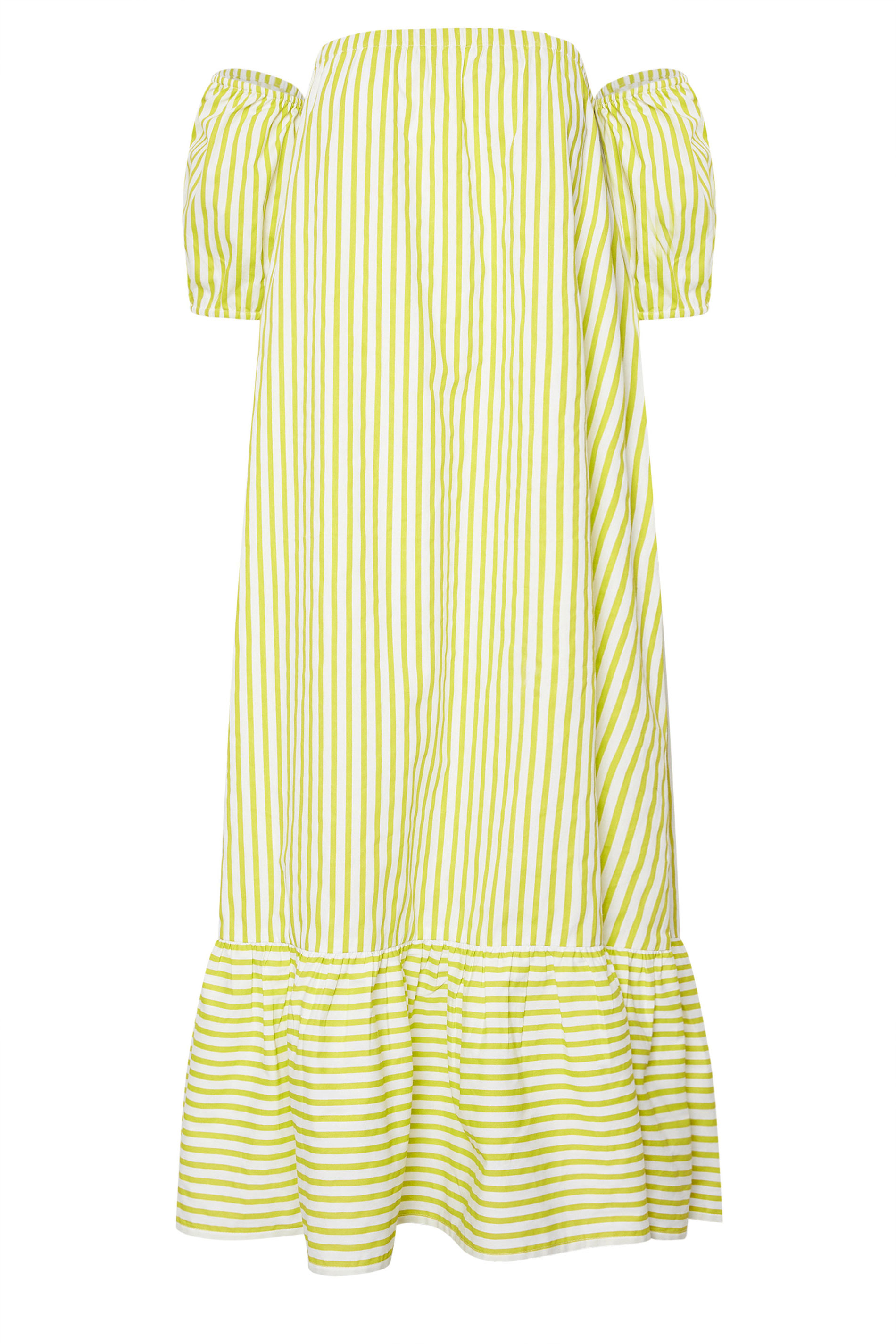 PixieGirl Petite Women's Lime Green Stripe Bardot Cotton Maxi Dress | PixieGirl 7