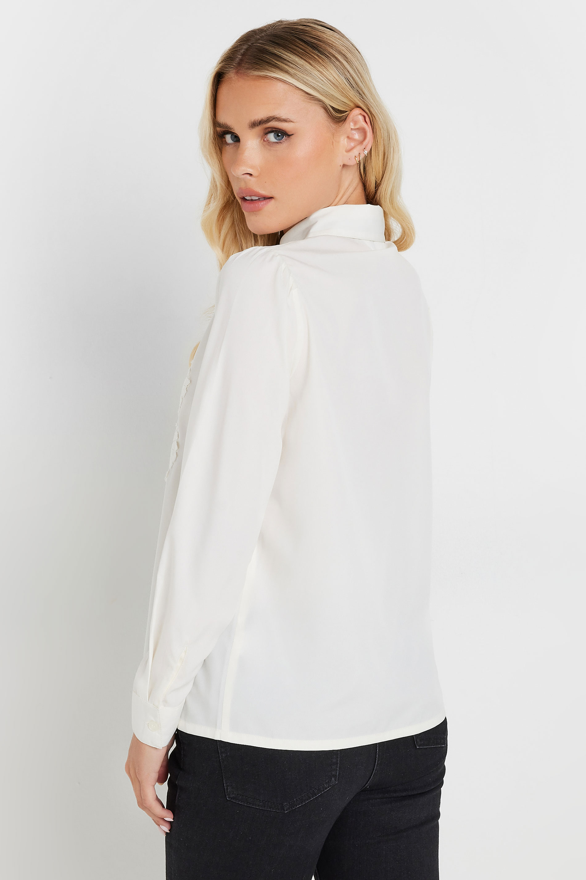 PixieGirl Petite Women's Ivory White Lace Trim Tie Neck Shirt | PixieGirl 2
