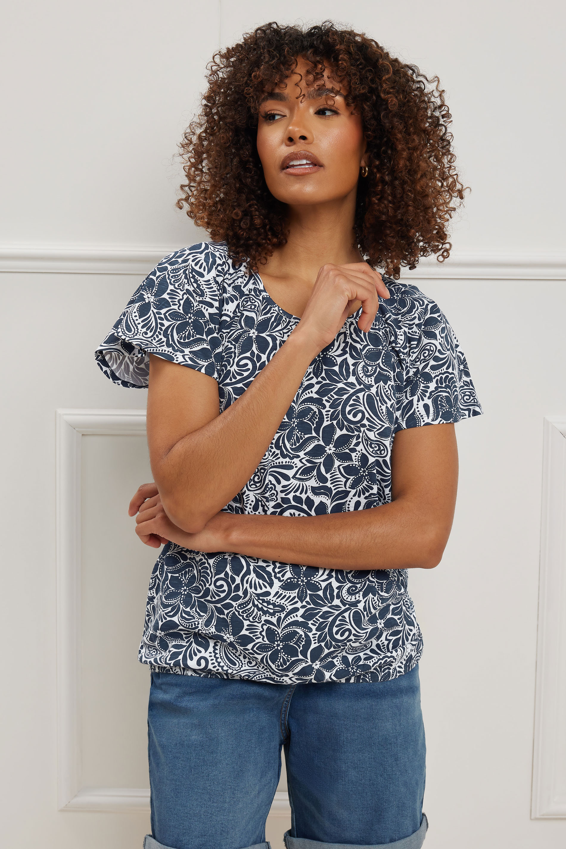  M&Co Navy Blue Floral Print Cotton Scoop Neck T-Shirt | M&Co 4