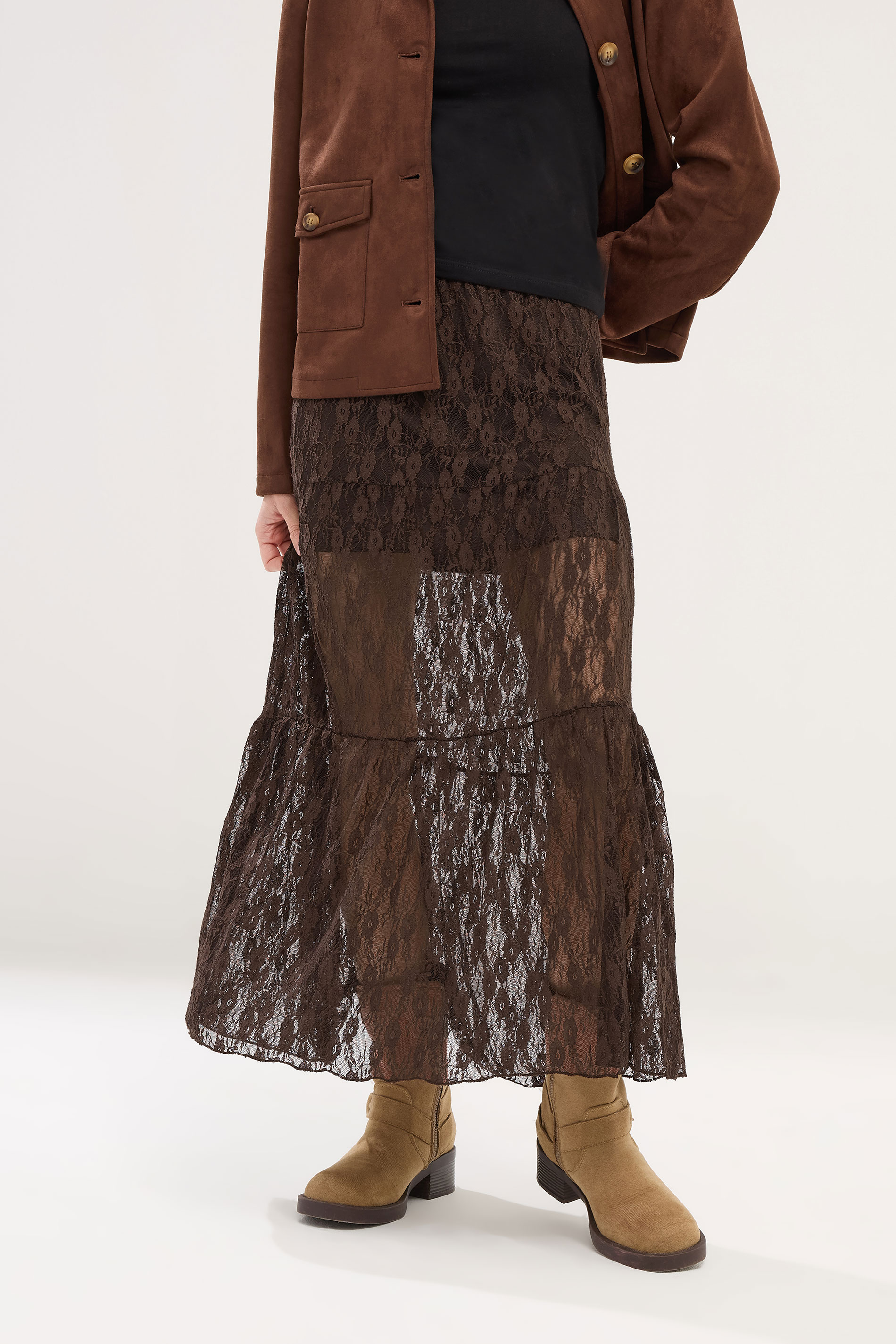 PixieGirl Petite Women's Chocolate Brown Lace Lined Maxi Skirt | PixieGirl 1