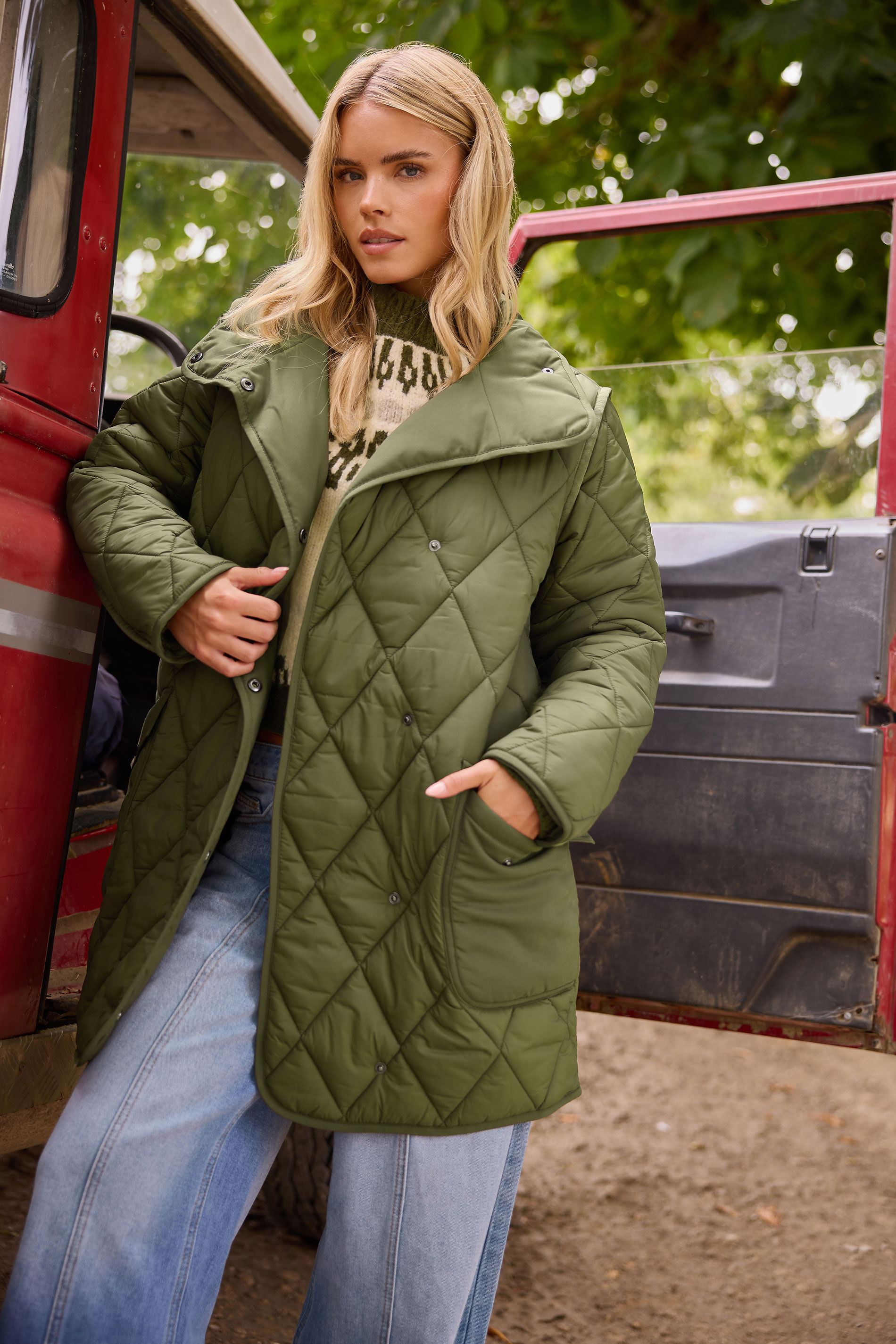 PixieGirl Petite Women's Khaki Green Funnel Neck Quilted Coat | PixieGirl 3