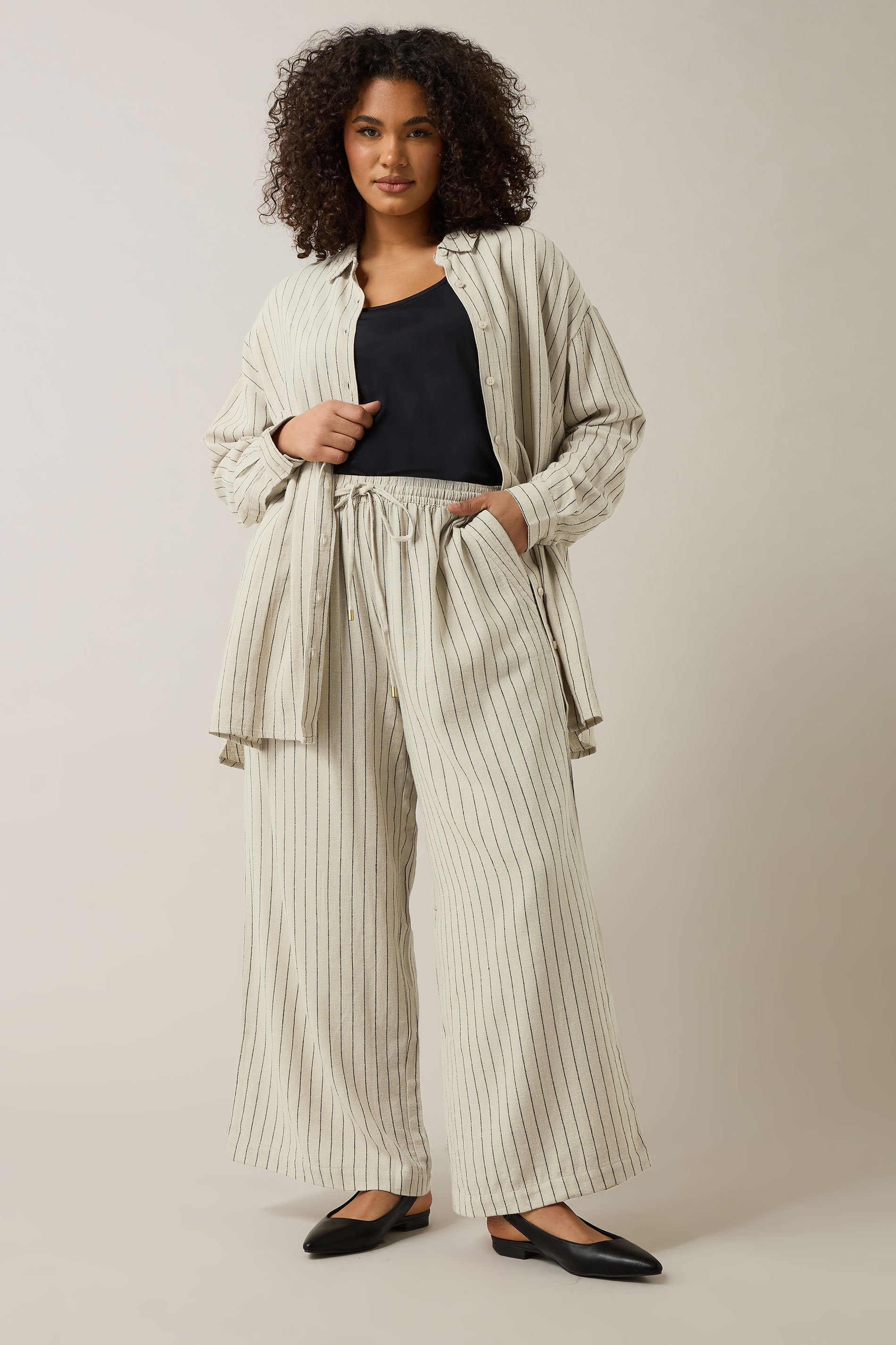 EVANS Plus Size Natural Brown Stripe Print Premium Linen Shirt | Evans 5