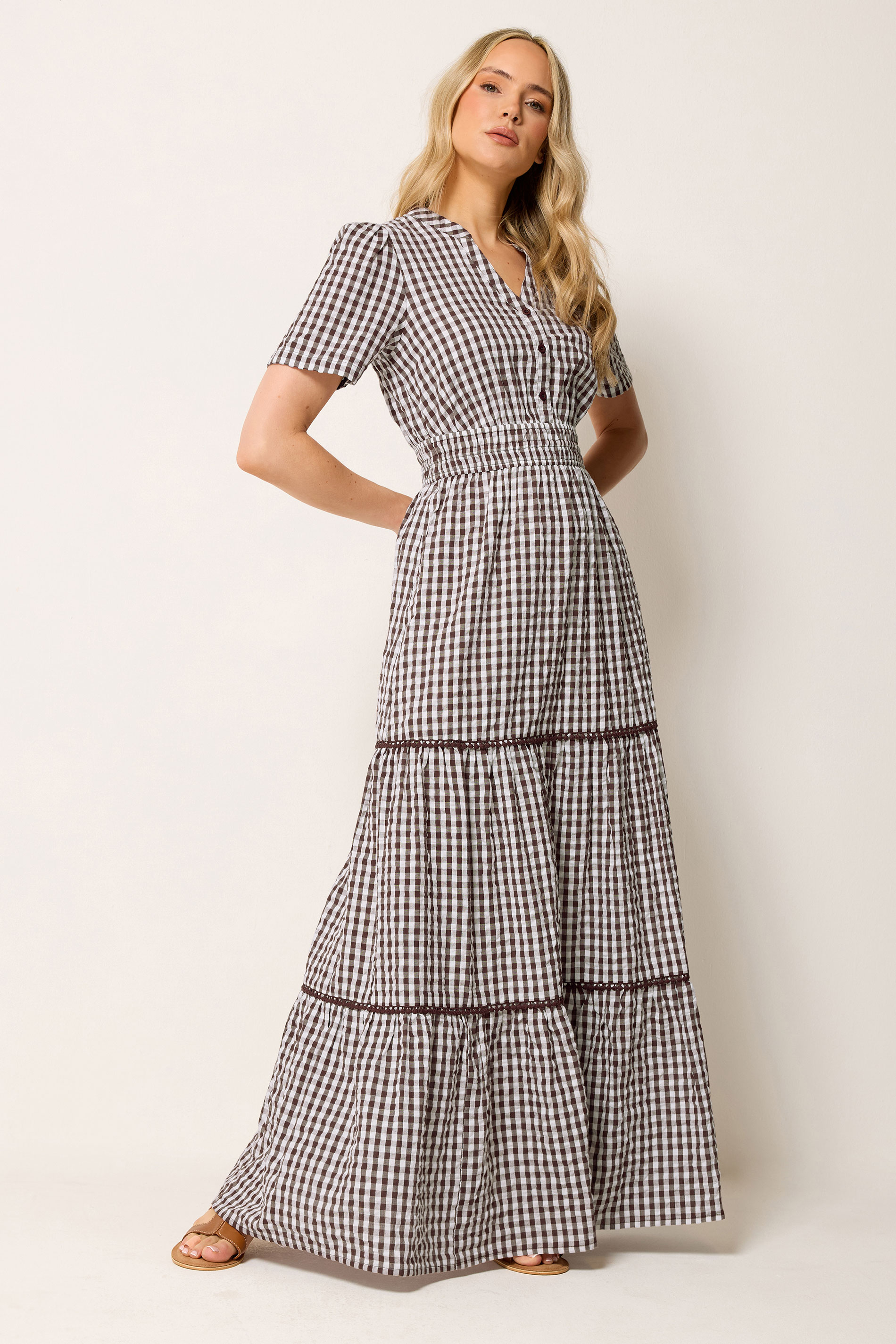 LTS Tall Women's Chocolate Brown Gingham Cotton Maxi Dress | Long Tall Sally 1