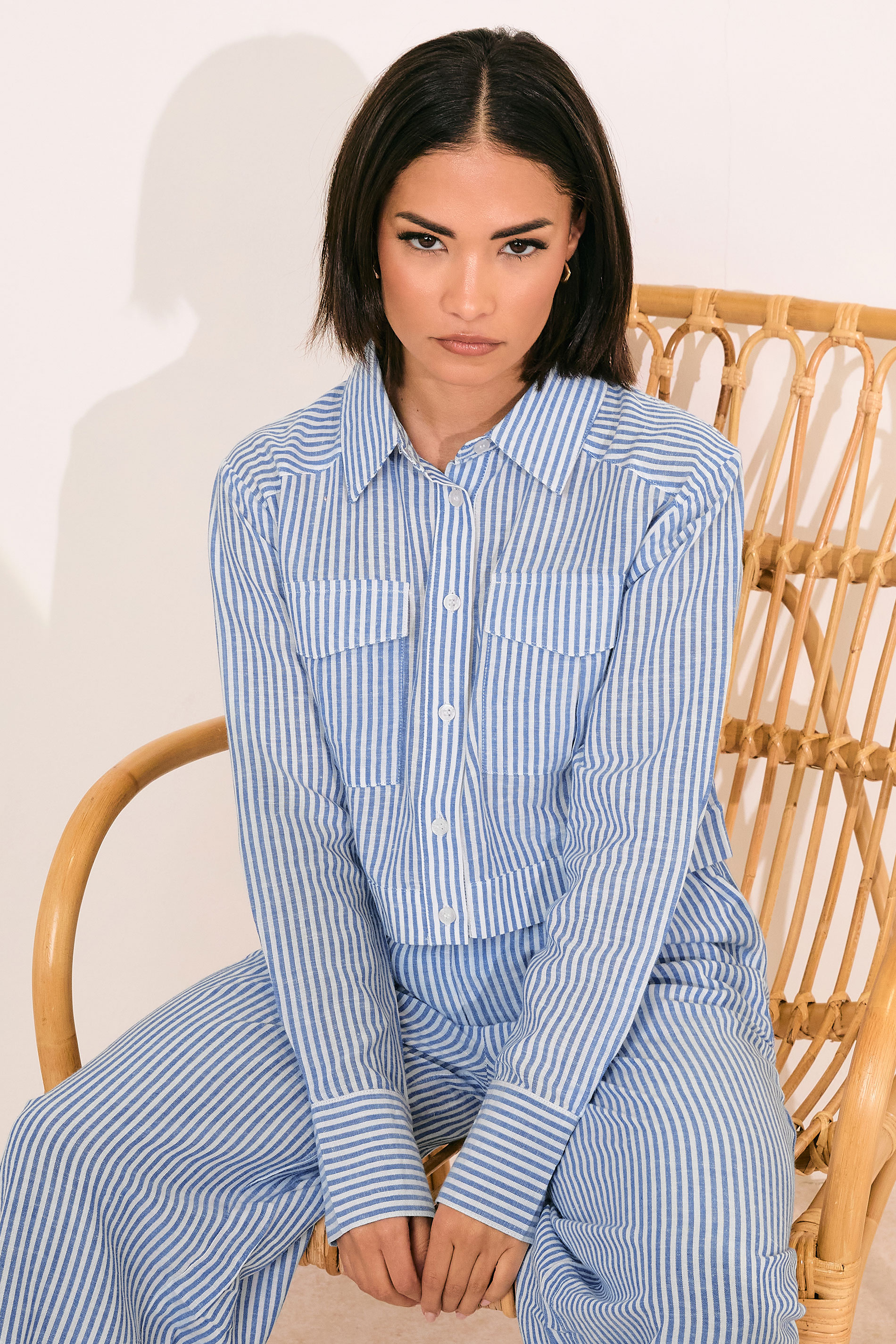 PixieGirl Petite Women's Blue Linen Striped Pocket Shirt | PixieGirl 3