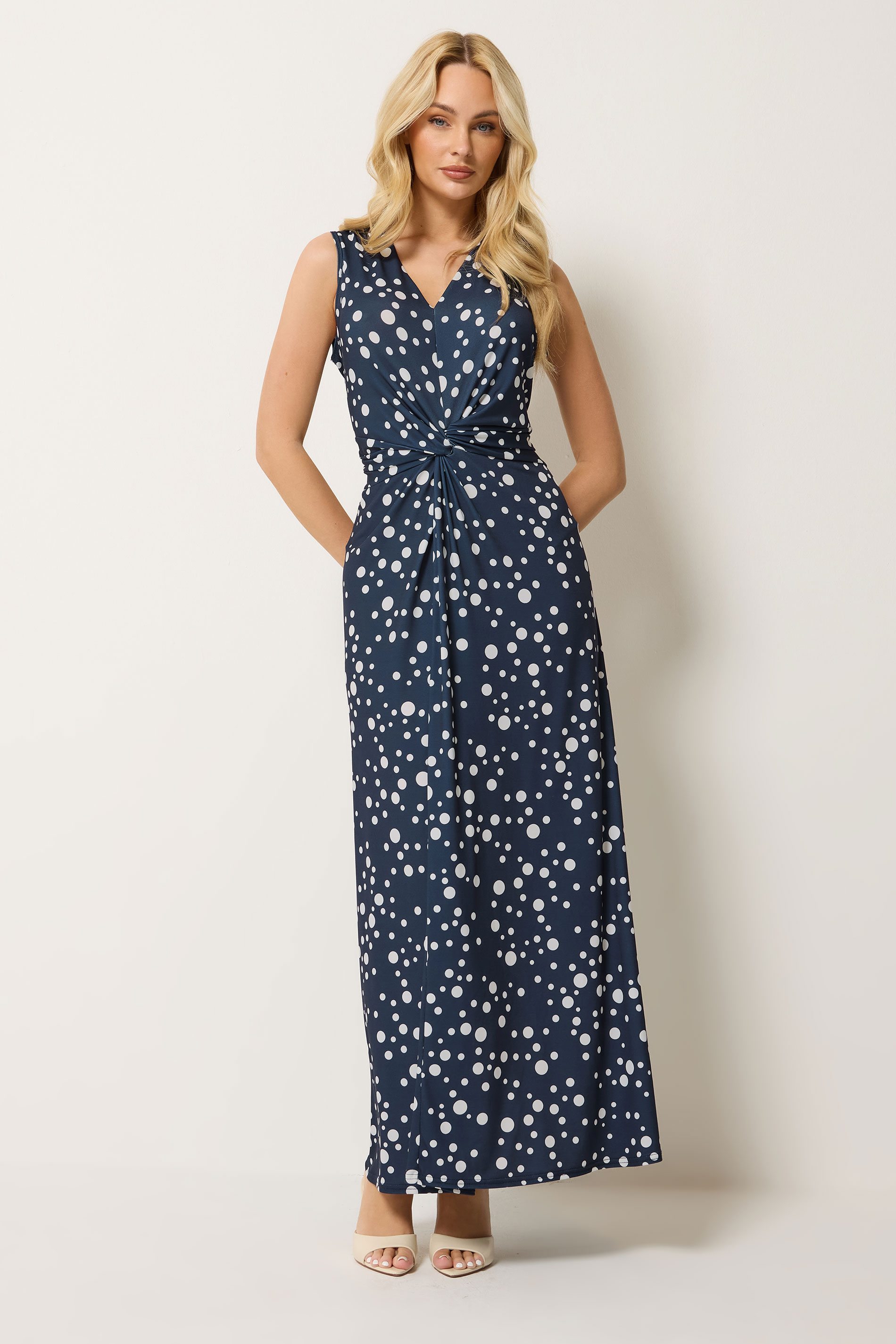 M&Co Navy Blue Polka Dot Twist Front Maxi Dress | M&Co 1