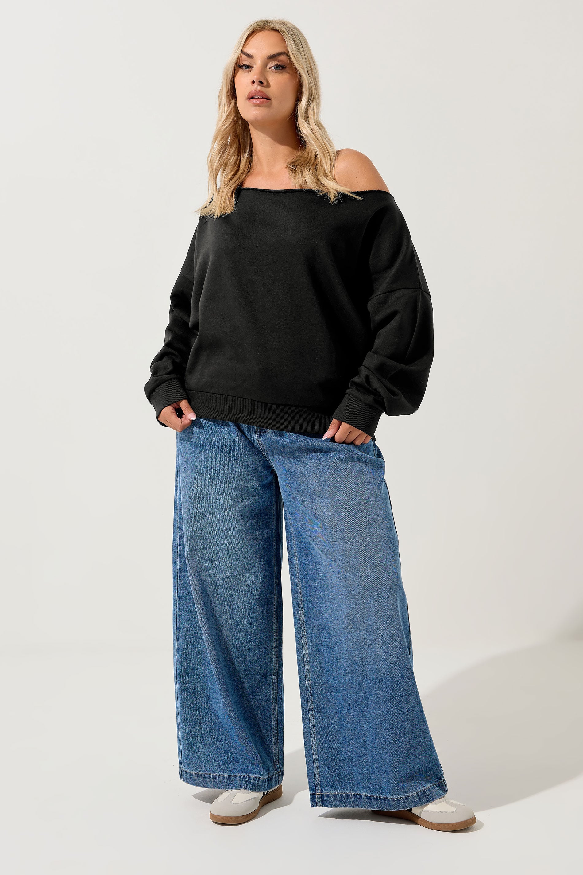 YOURS Plus Size Black Off Shoulder Sweatshirt | Yours Clothing 1