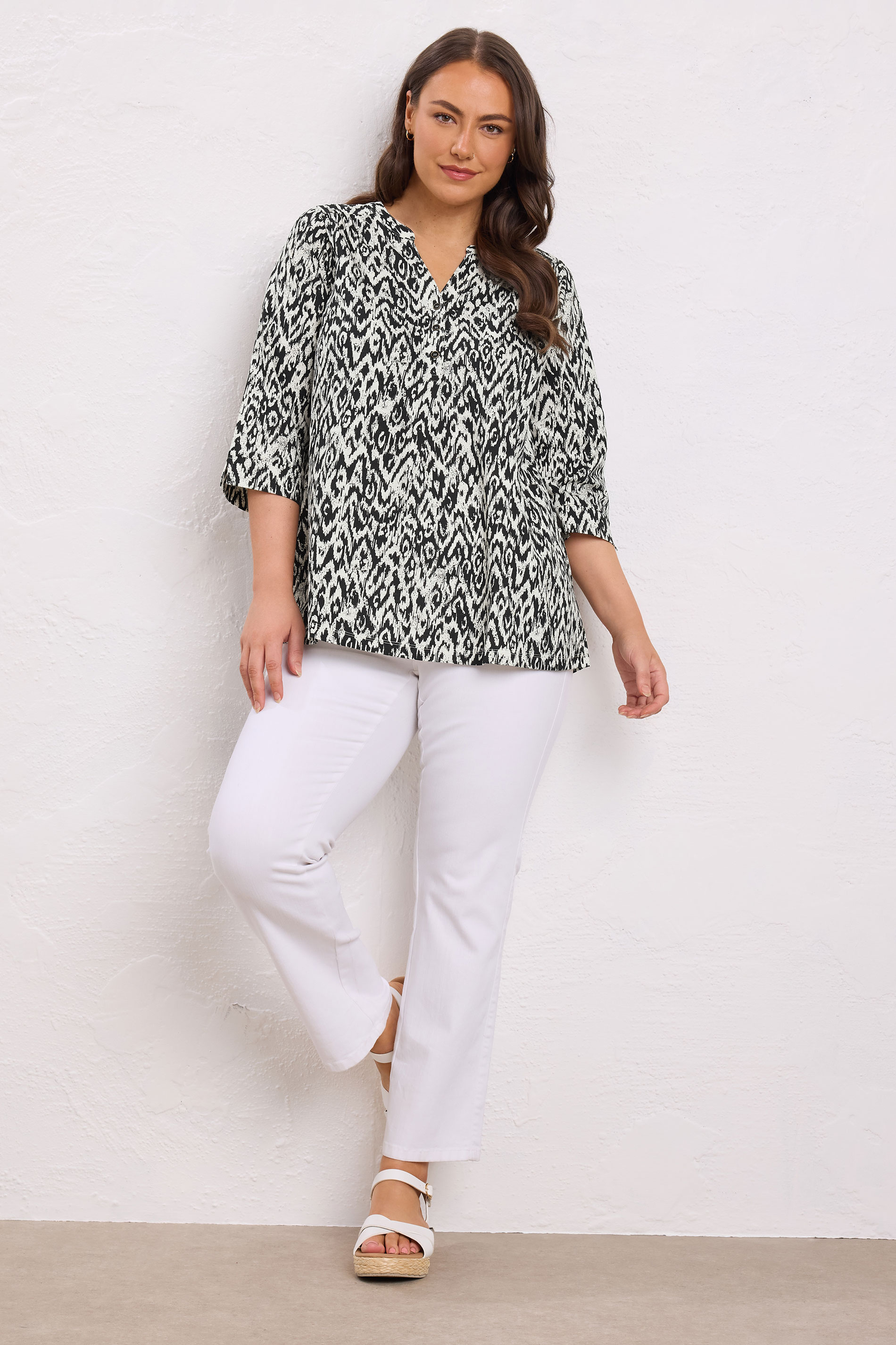 EVANS Plus Size Black Abstract Print Pleat Front Henley Top | Evans 1