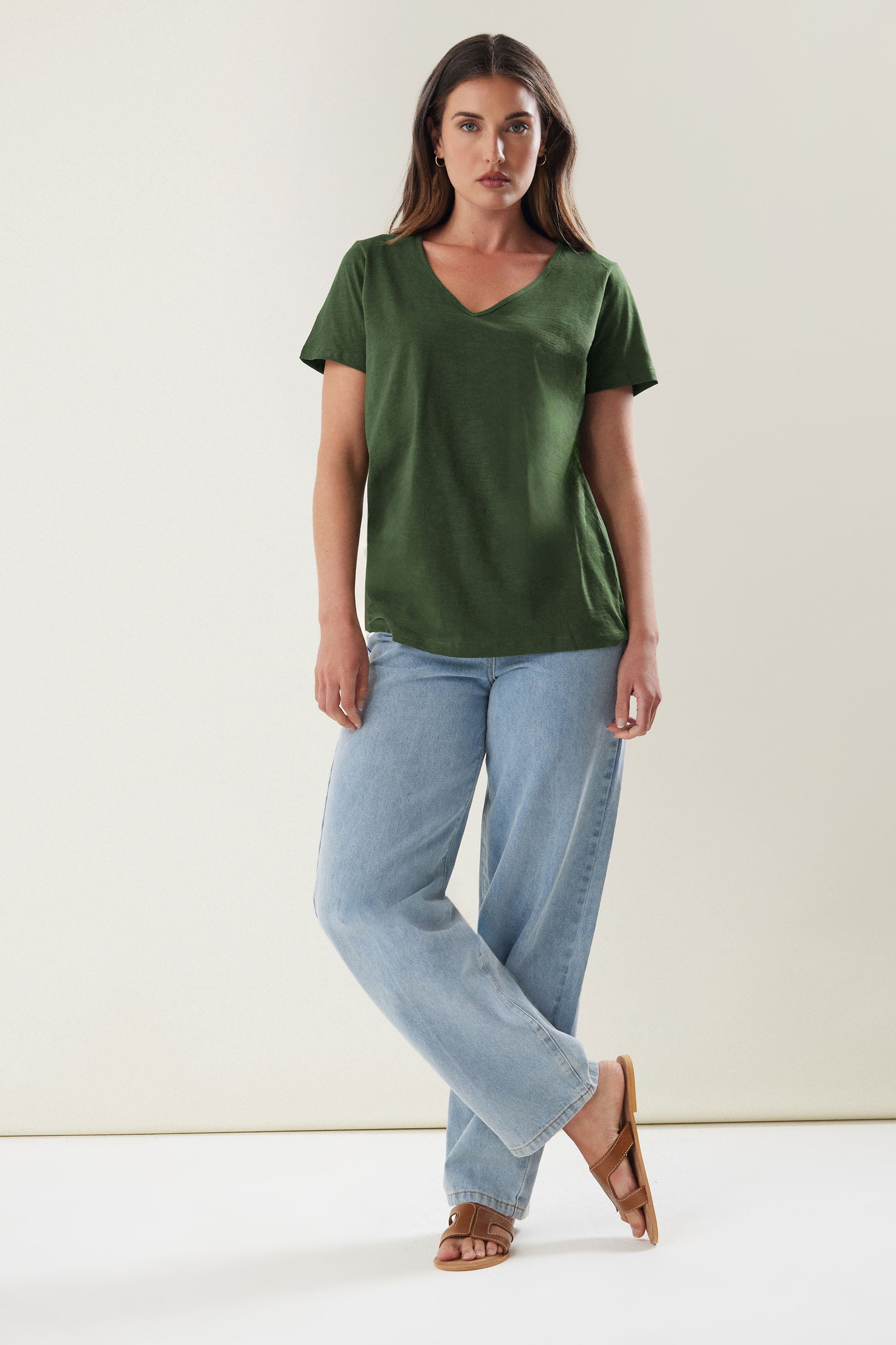 LTS Tall Khaki Green V-Neck Cotton T-Shirt | Long Tall Sally 1