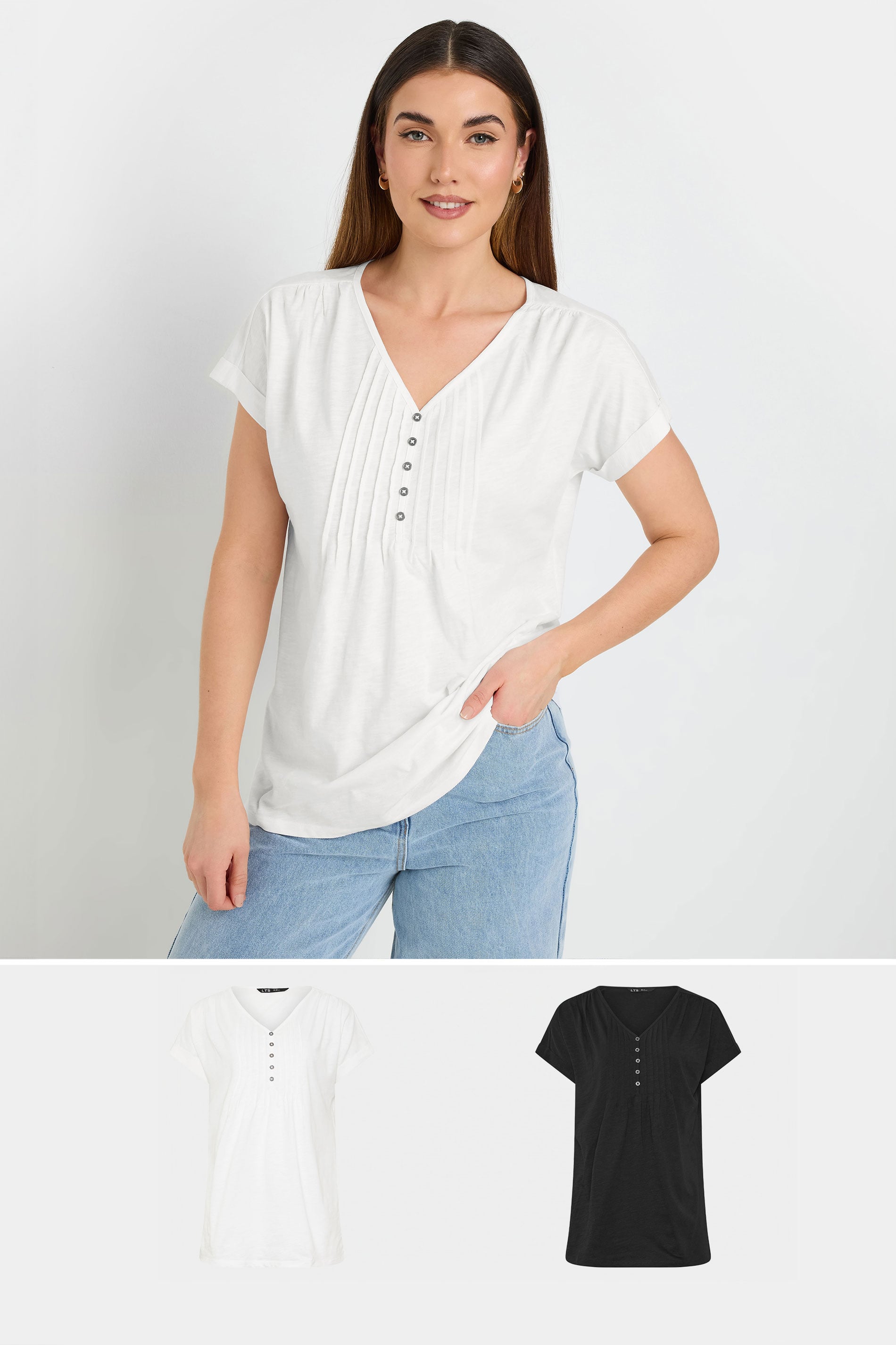 LTS Tall 2 PACK Black & White Cotton Henley Tops | Long Tall Sally 3