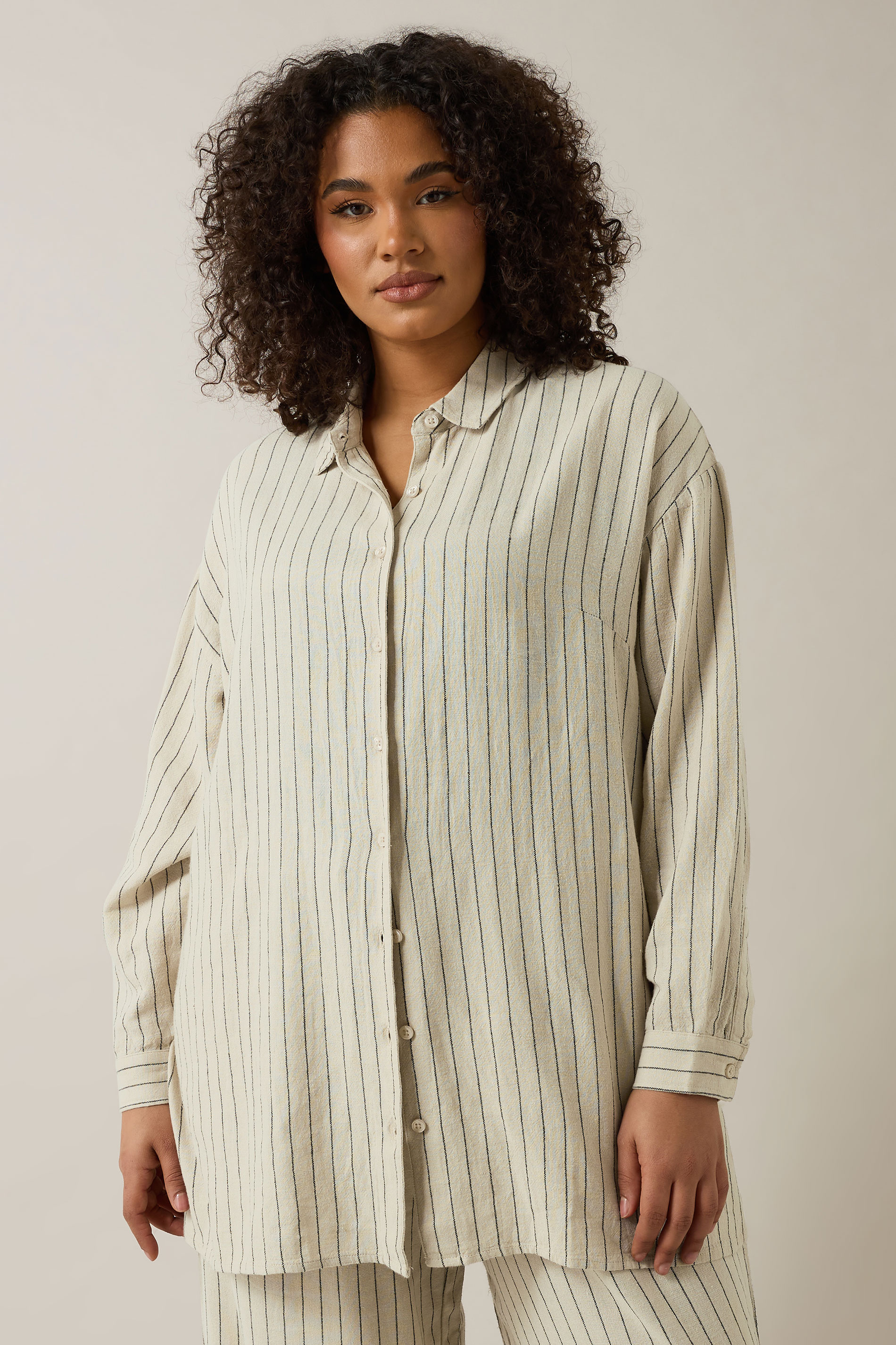 EVANS Plus Size Natural Brown Stripe Print Premium Linen Shirt | Evans 2
