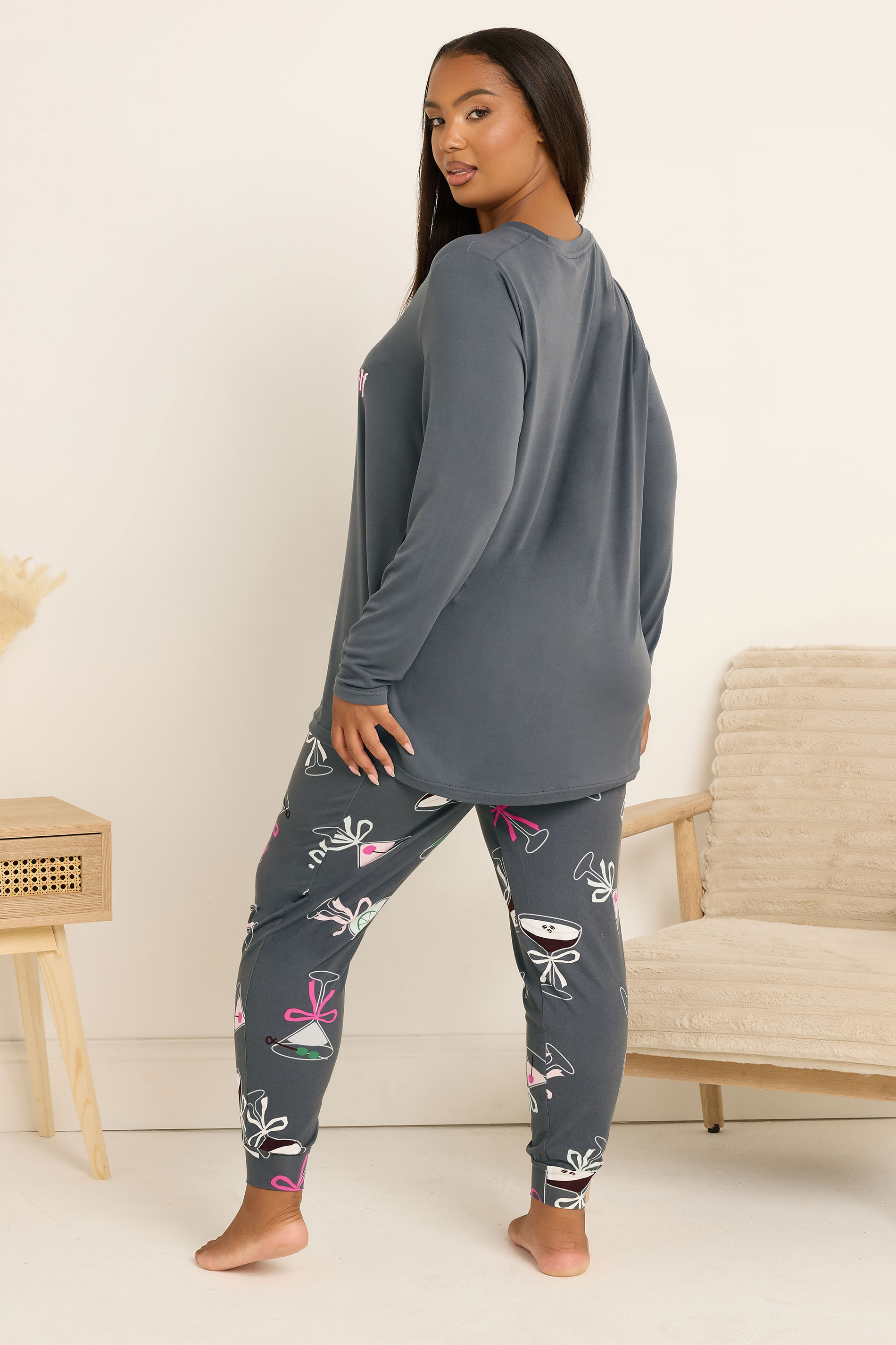 YOURS Plus Size Grey 'Espresso Yourself' Soft Touch Pyjama & Eye Mask Set | Yours Clothing 4
