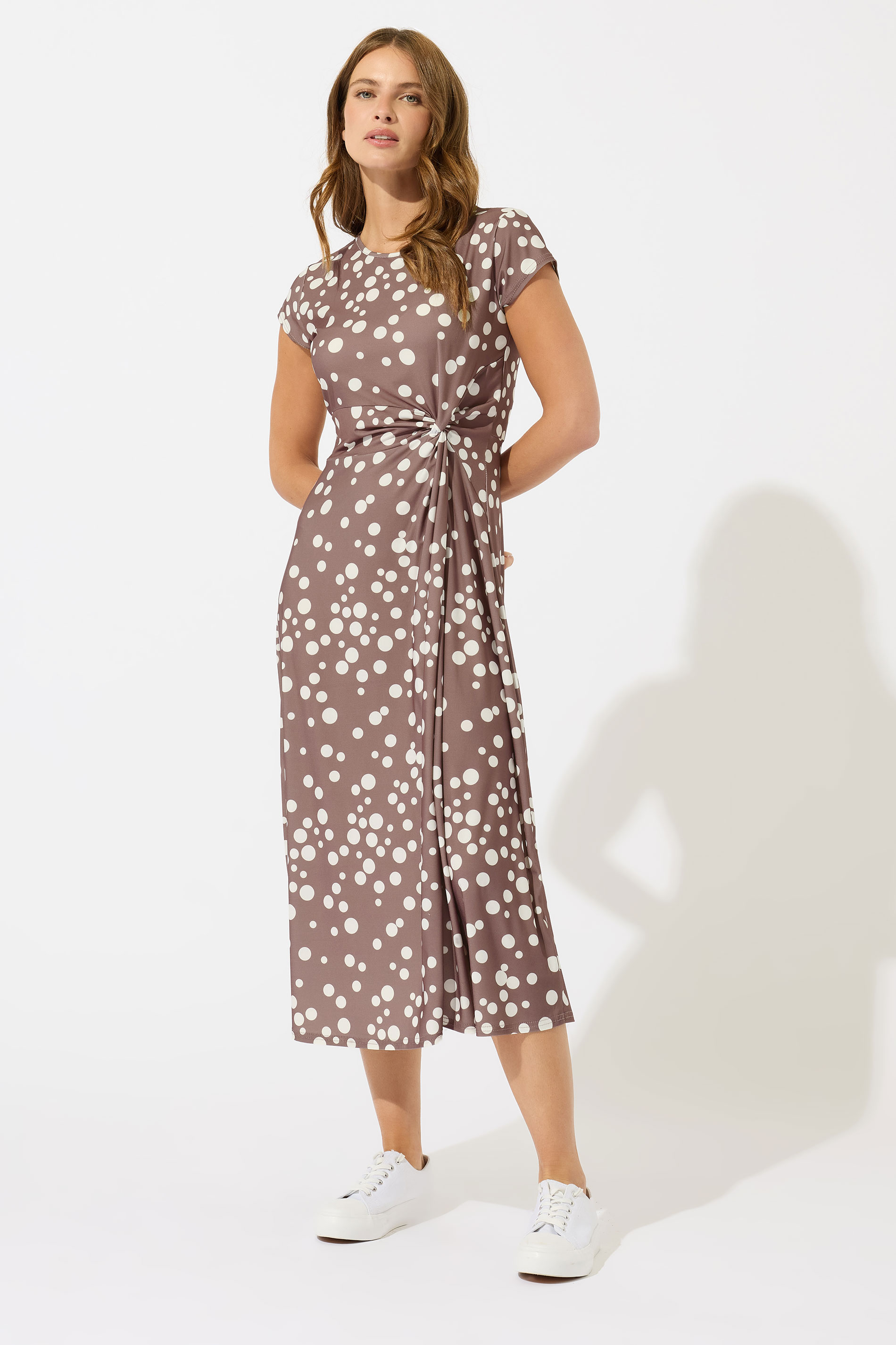 M&Co Mocha Brown Polka Dot Side Twist Midi Dress | M&Co 4