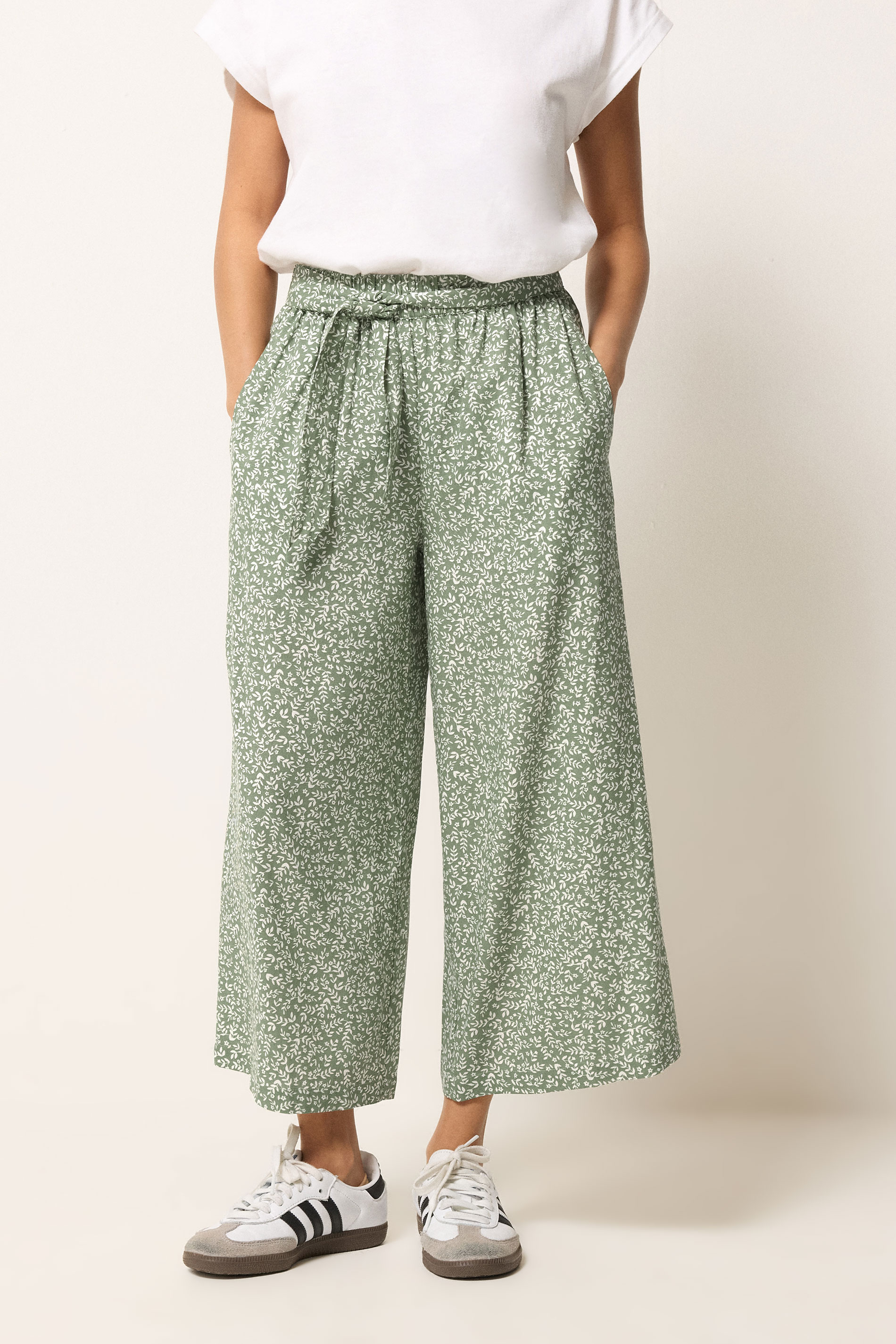 PixieGirl Petite Women's Sage Green Leaf Print Cropped Trousers | PixieGirl 1