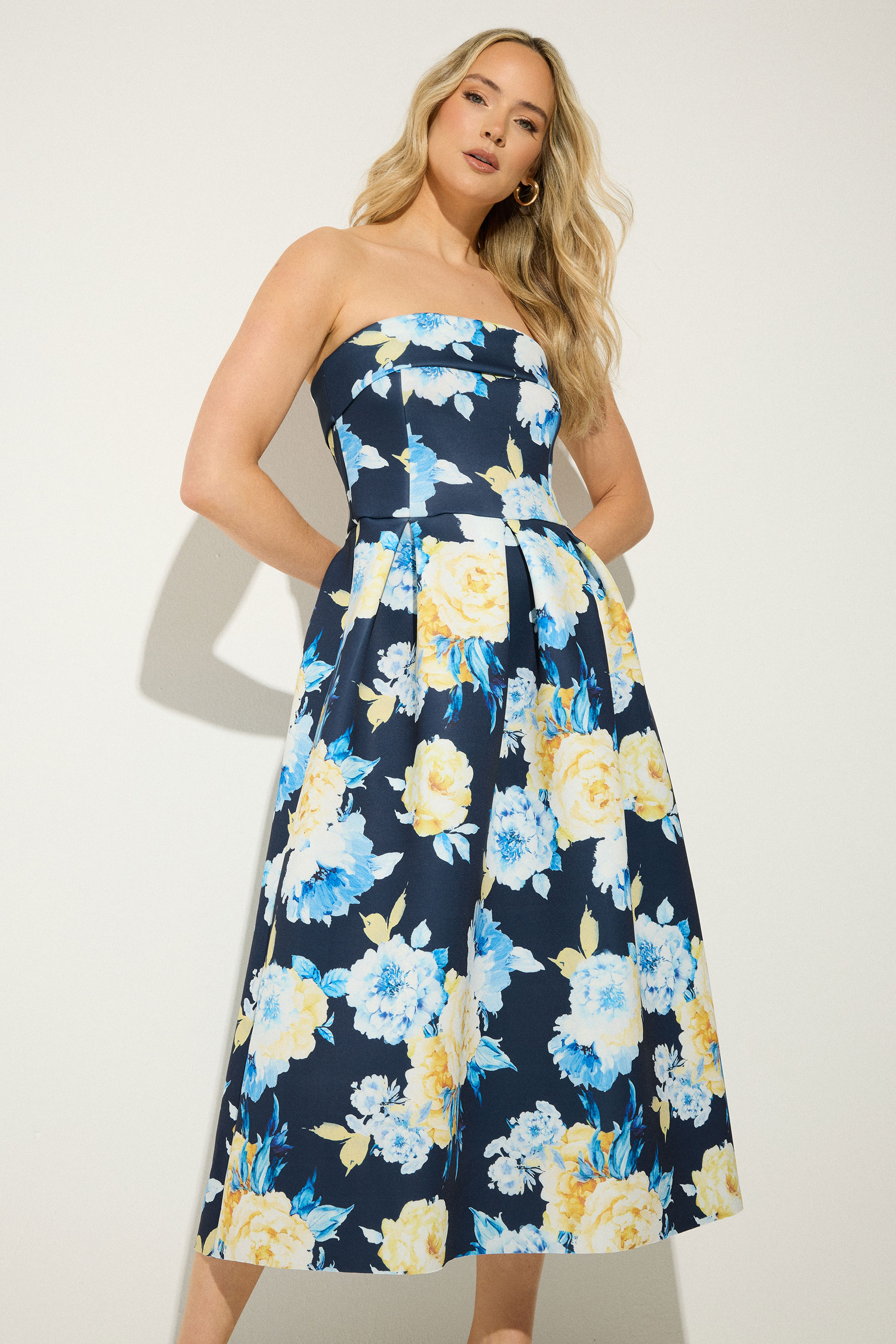 LTS Tall Women's Navy Blue Bandeau Floral Pleated Midi Dress | Long Tall Sally 1