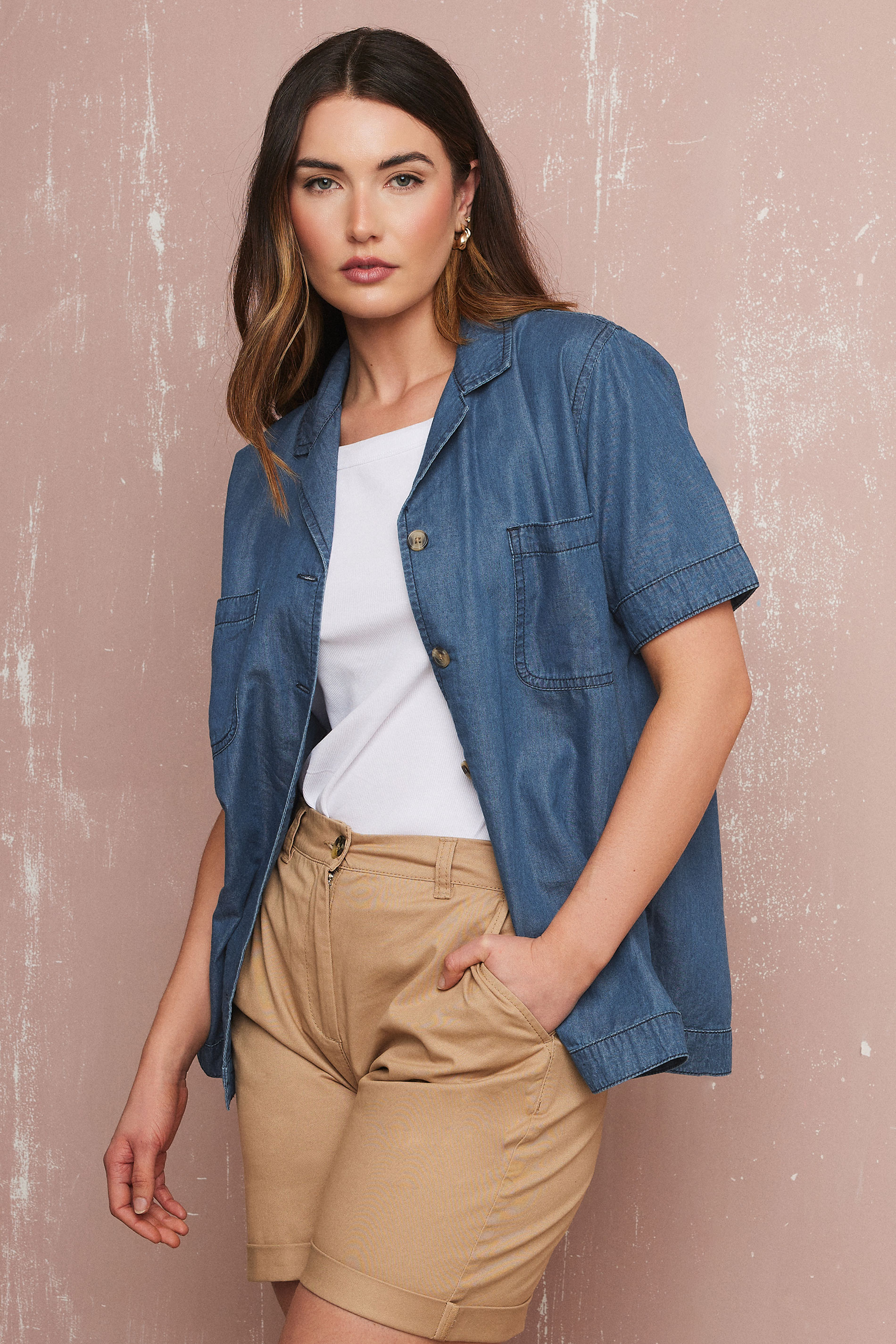 LTS Tall Blue Denim Pocket Collar Shirt | Long Tall Sally 3