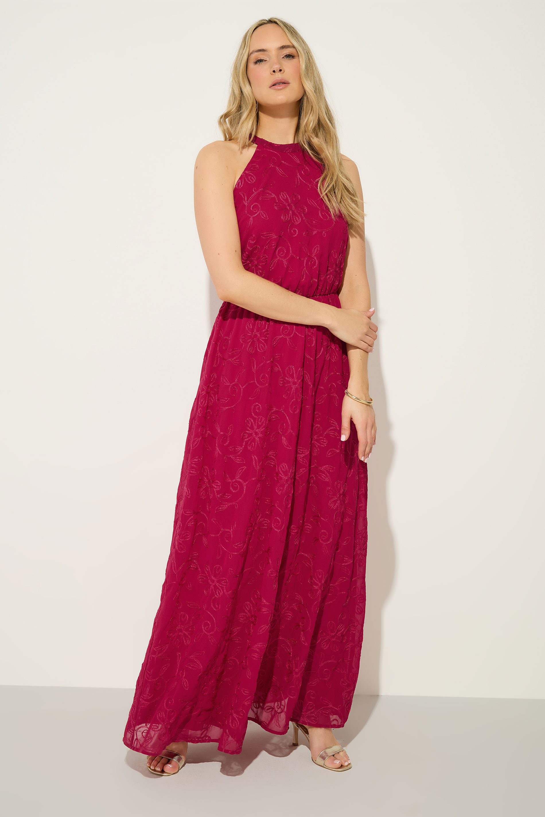 LTS Tall Women's Berry Red Embroidered Halterneck Maxi Dress | Long Tall Sally 1