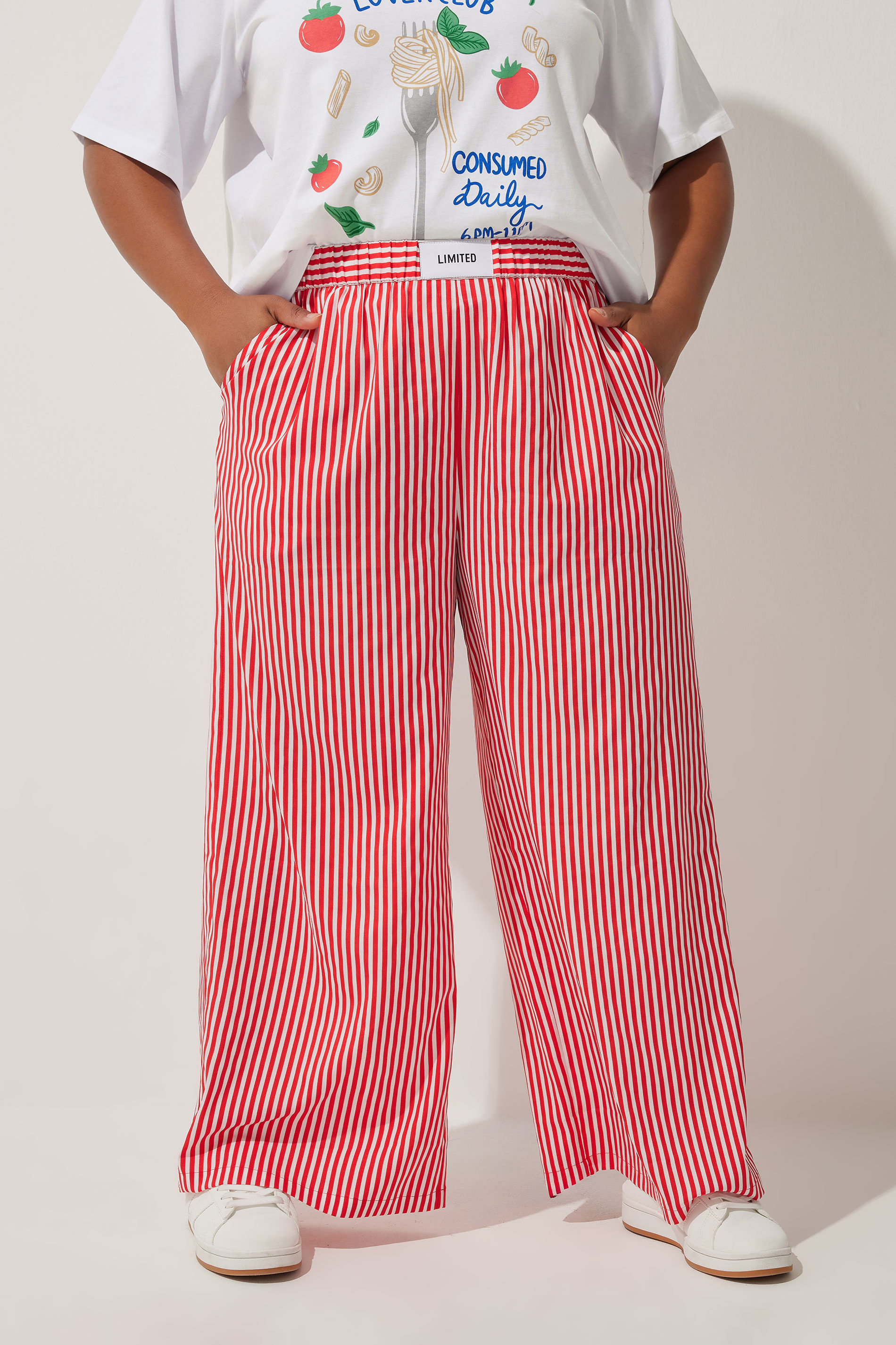 LIMITED COLLECTION Plus Size Red Stripe Boxer Waist Trousers | Yours Clothing 1