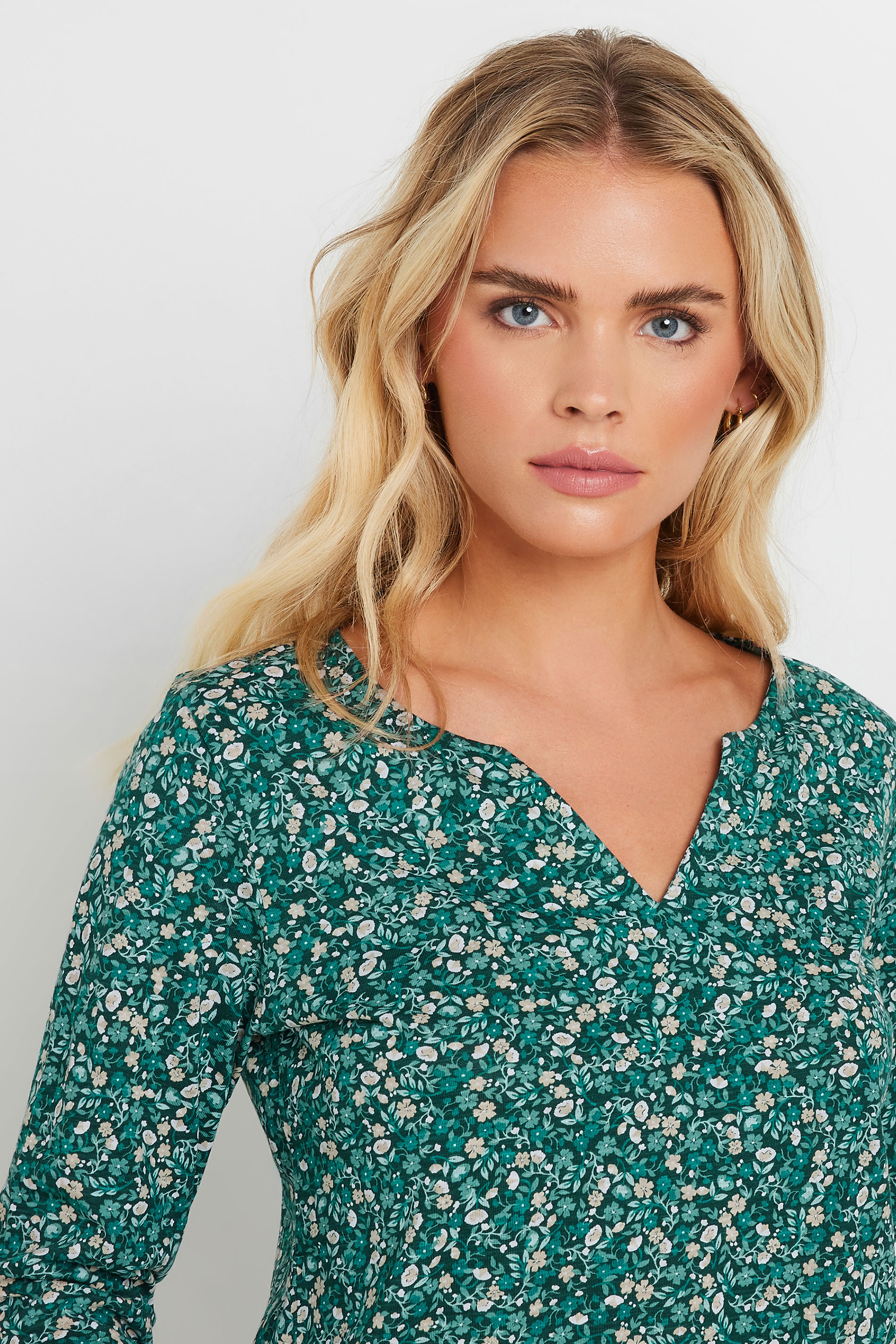 M&Co Petite Green Ditsy Floral Print Cotton Notch Neck T-Shirt | M&Co 4