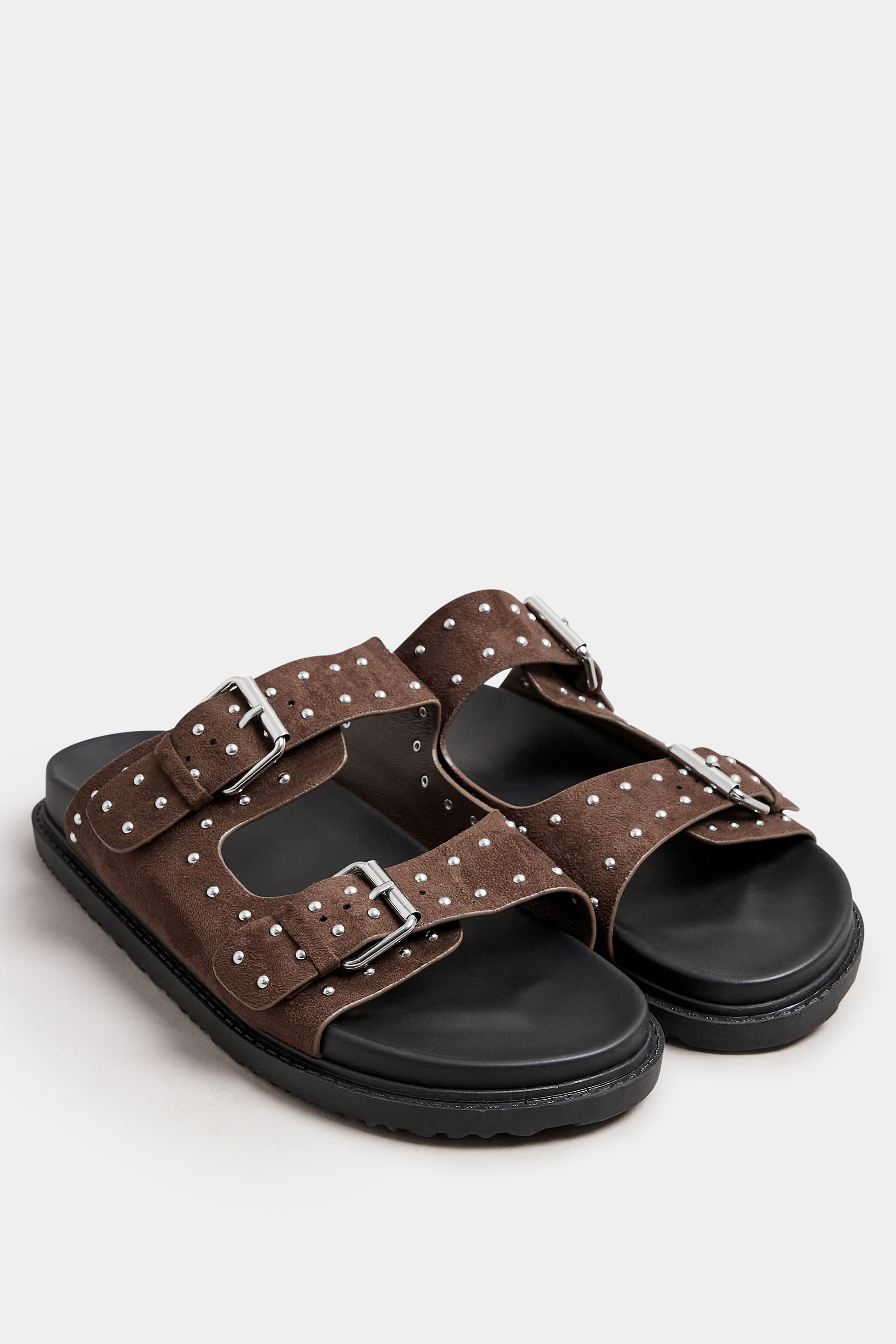 Brown Studded Buckle Strap Sandals In Extra Wide EEE Fit | Yours Clothing 3