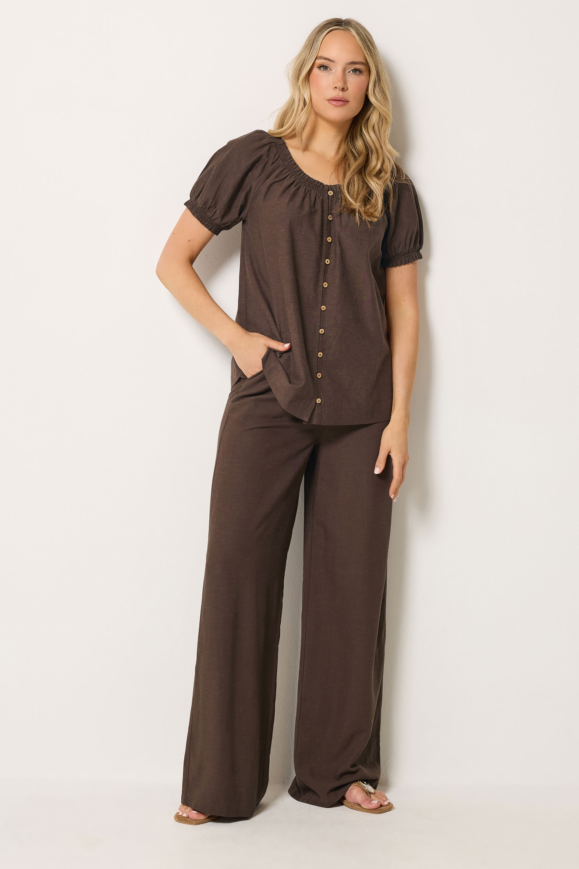 LTS Tall Women's Chocolate Brown Linen Wide Leg Trousers | Long Tall Sally 3