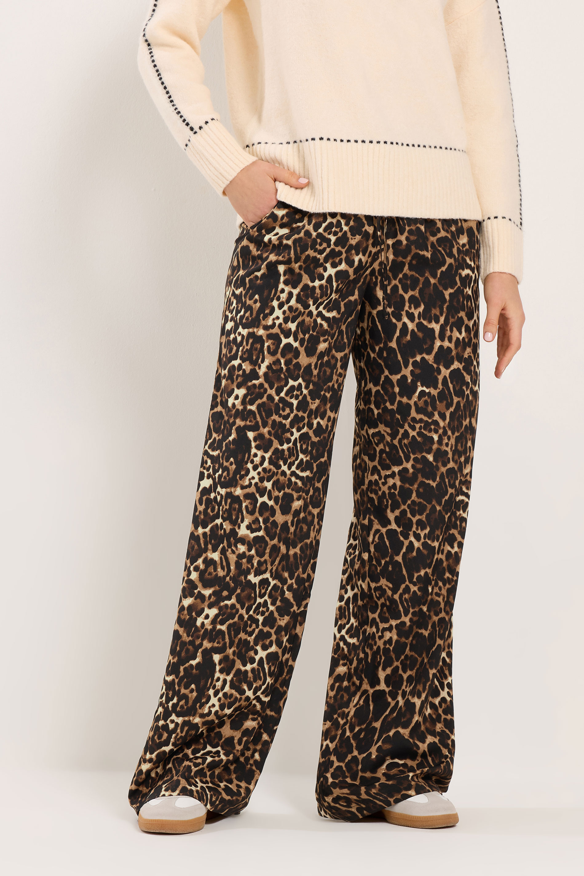 LTS Tall Women's Brown & Black Leopard Print Wide Leg Trousers | Long Tall Sally 1