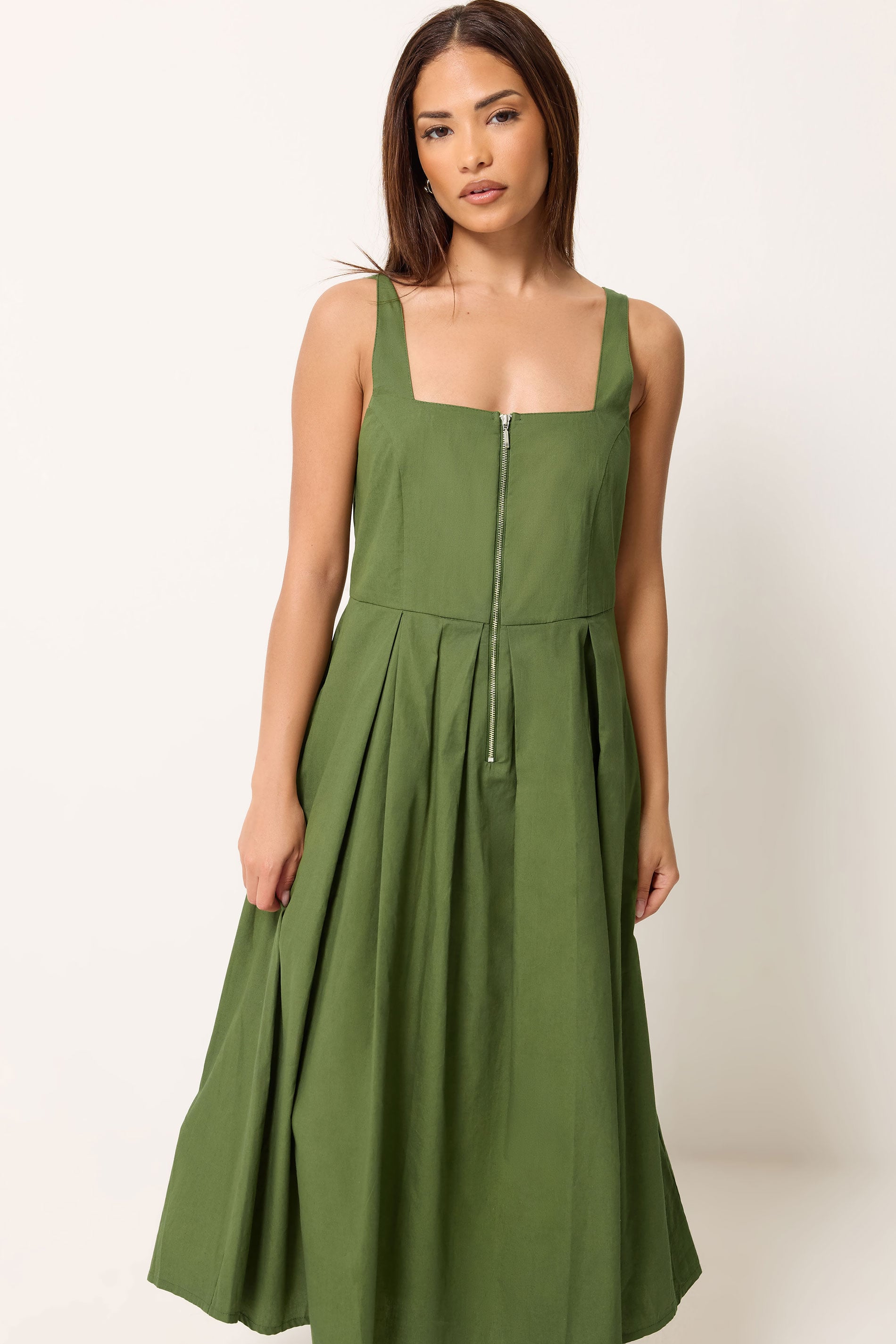 PixieGirl Petite Khaki Green Pleated Midi Dress | PixieGirl 1