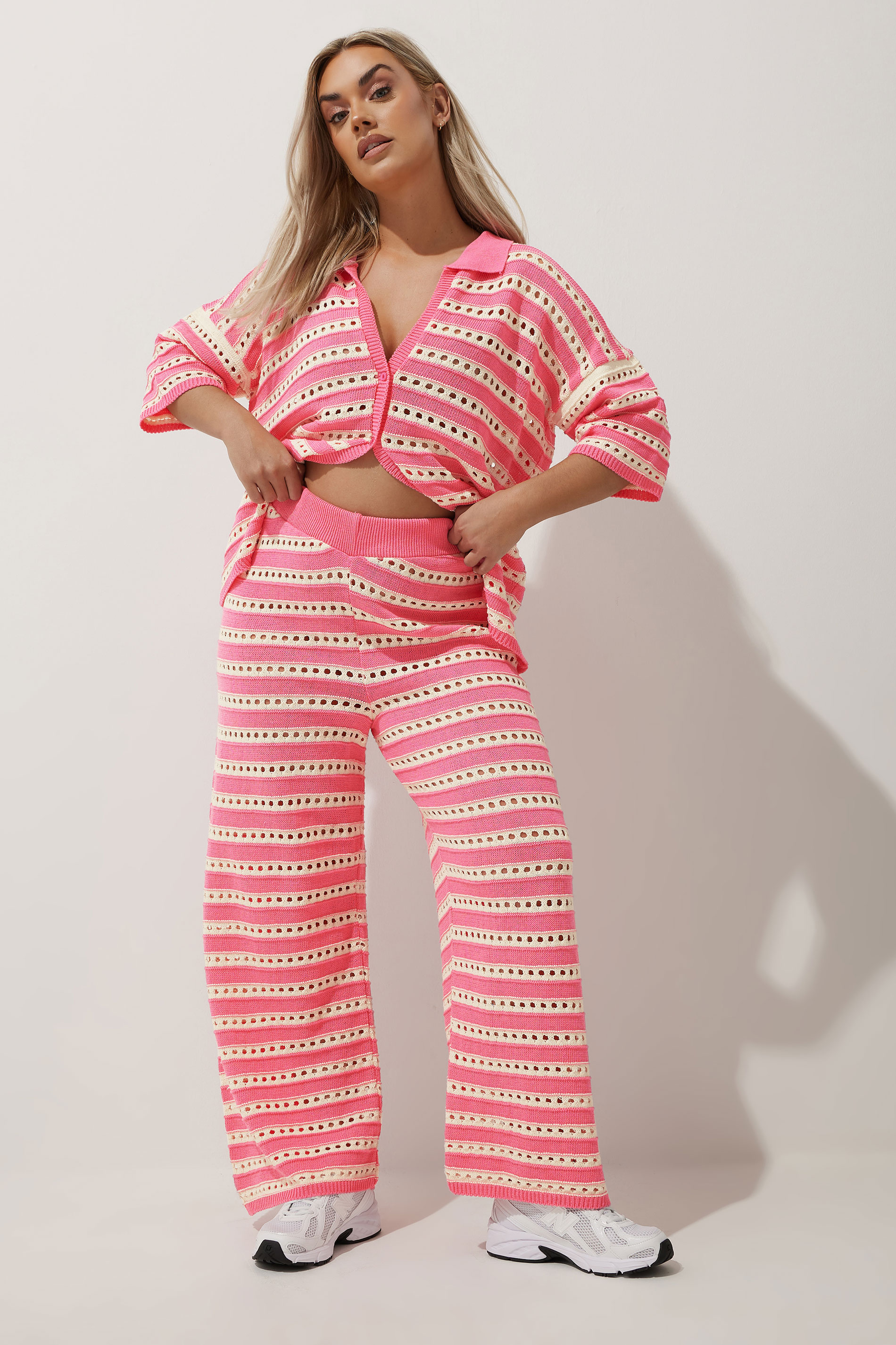 LIMITED COLLECTION Plus Size Pink & White Stripe Crochet Wide Leg Trousers | Yours Clothing 3