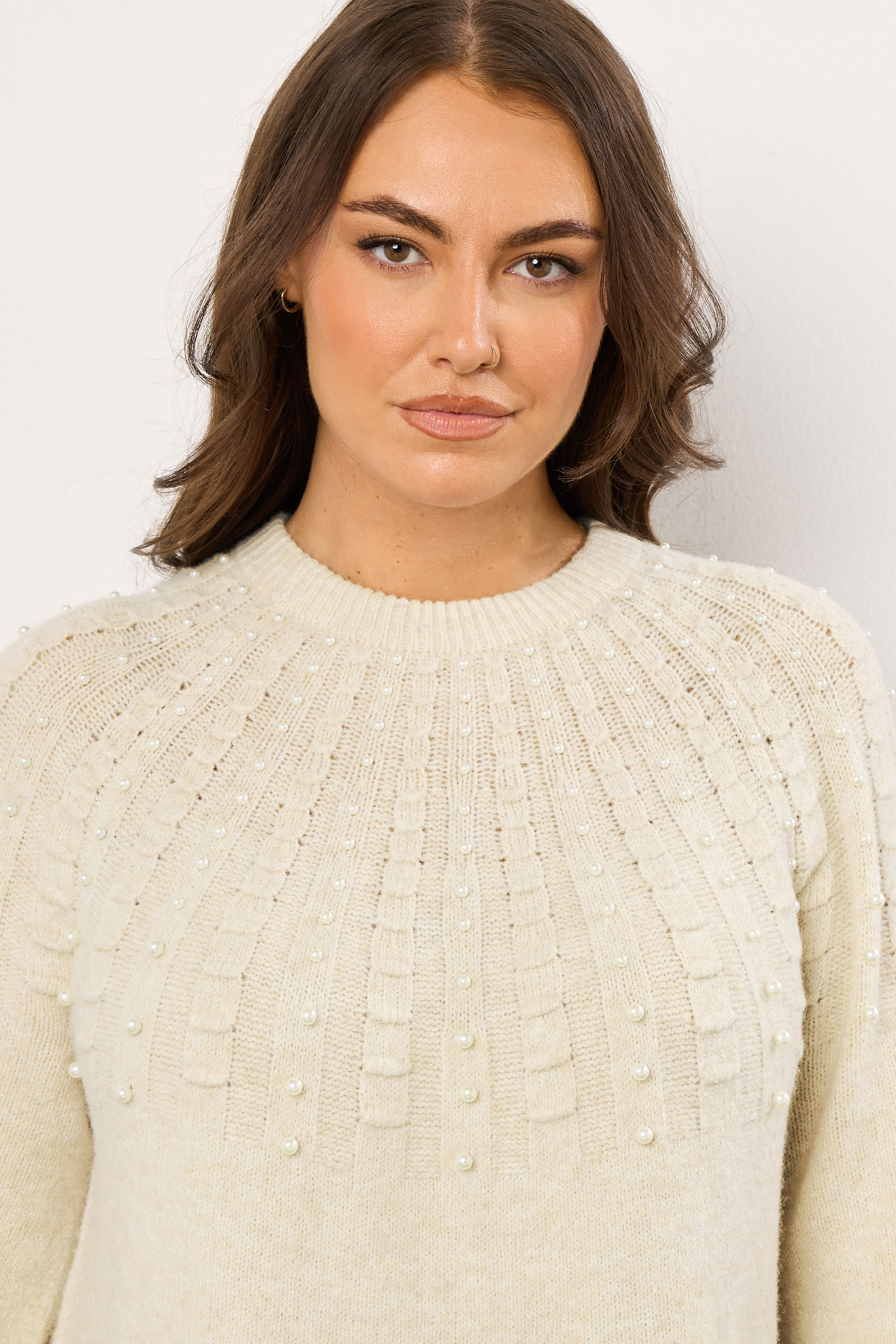 EVANS Plus Size Natural Brown Pearl Embellished Cable Knit Dress | Evans 4