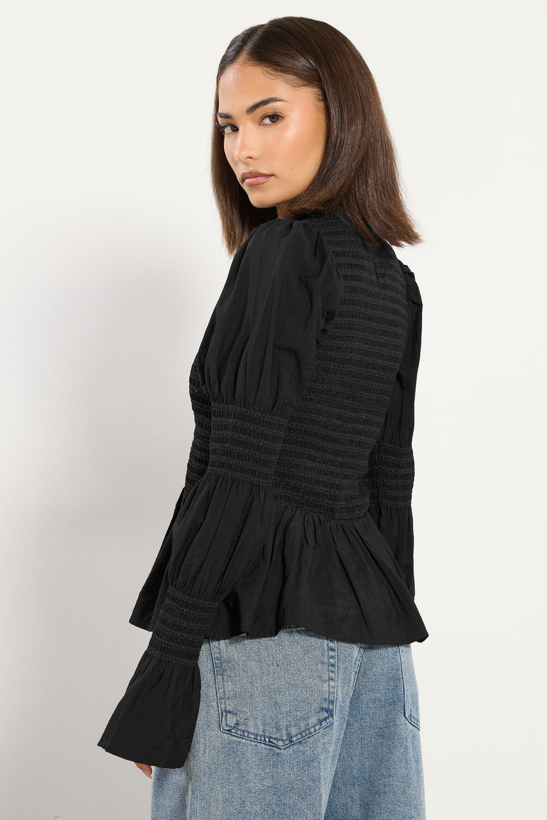 PixieGirl Petite Women's Black Shirred Peplum Smock Top | PixieGirl 2