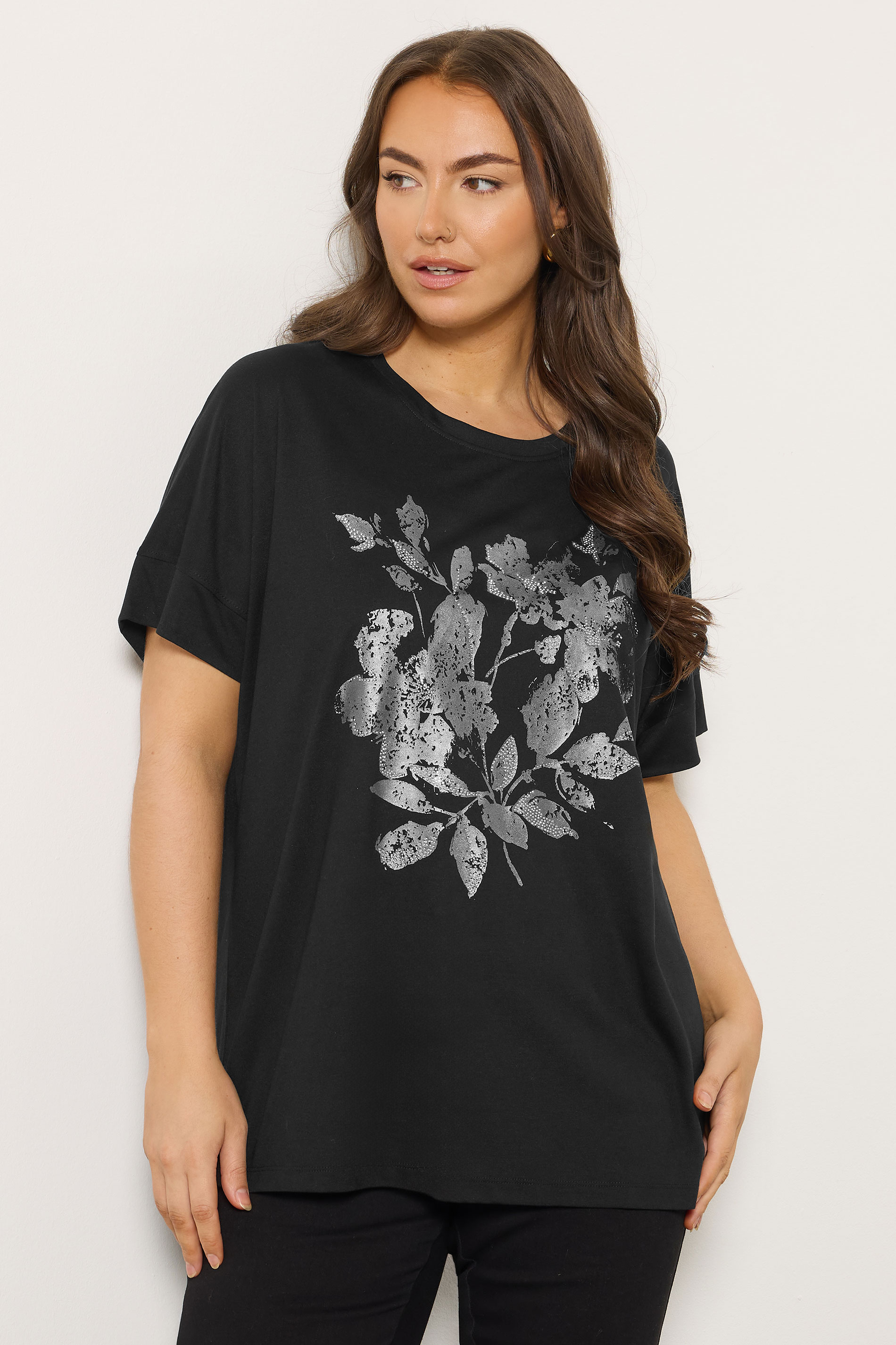 EVANS Plus Size Black Floral Stud Detail Modal Top | Evans 3
