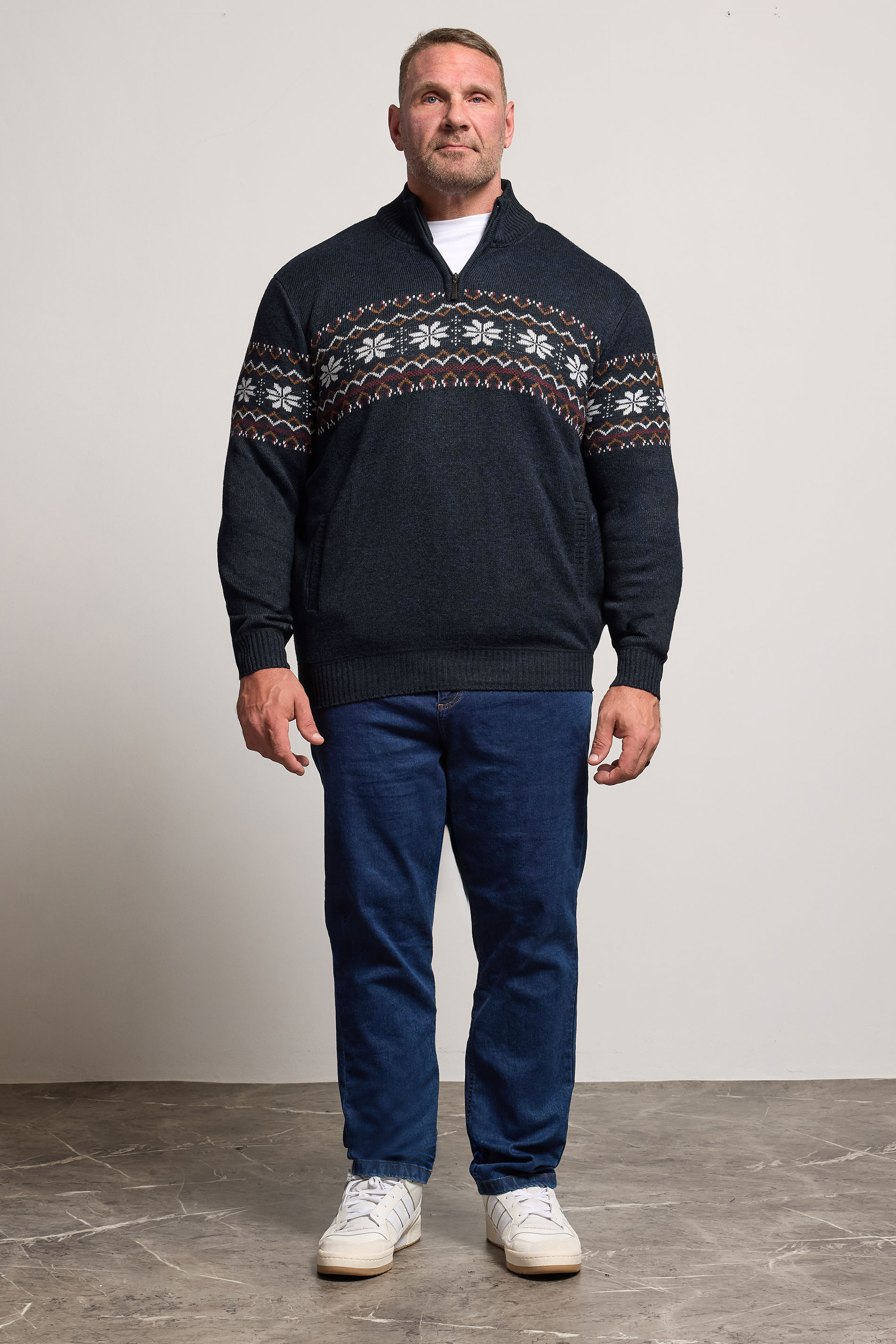 D555 Big & Tall Navy Blue Fairisle Quarter Zip Knitted Jumper | BadRhino 1