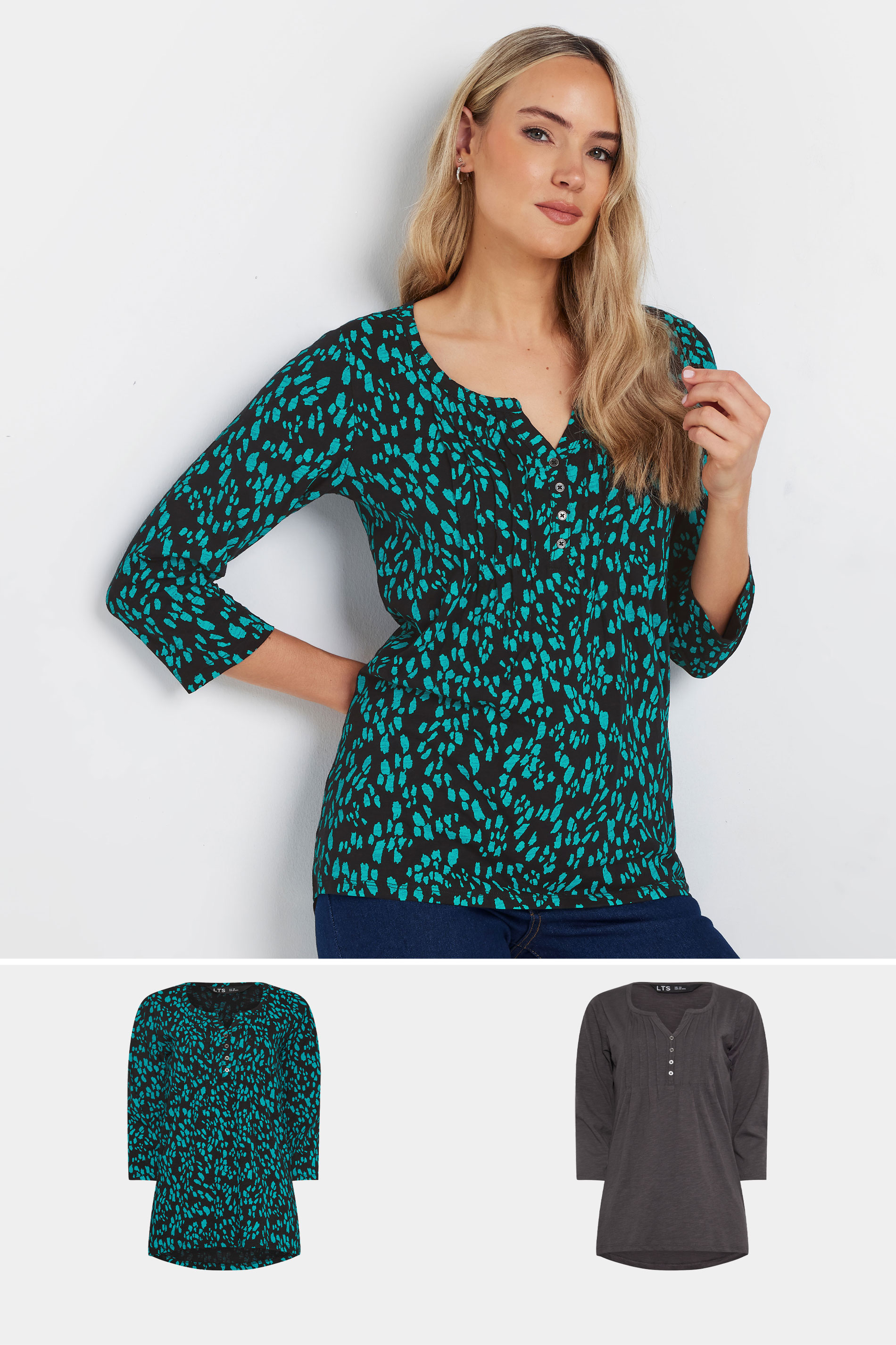 LTS Tall 2 PACK Teal Blue & Grey Cotton Henley Tops | Long Tall Sally 1