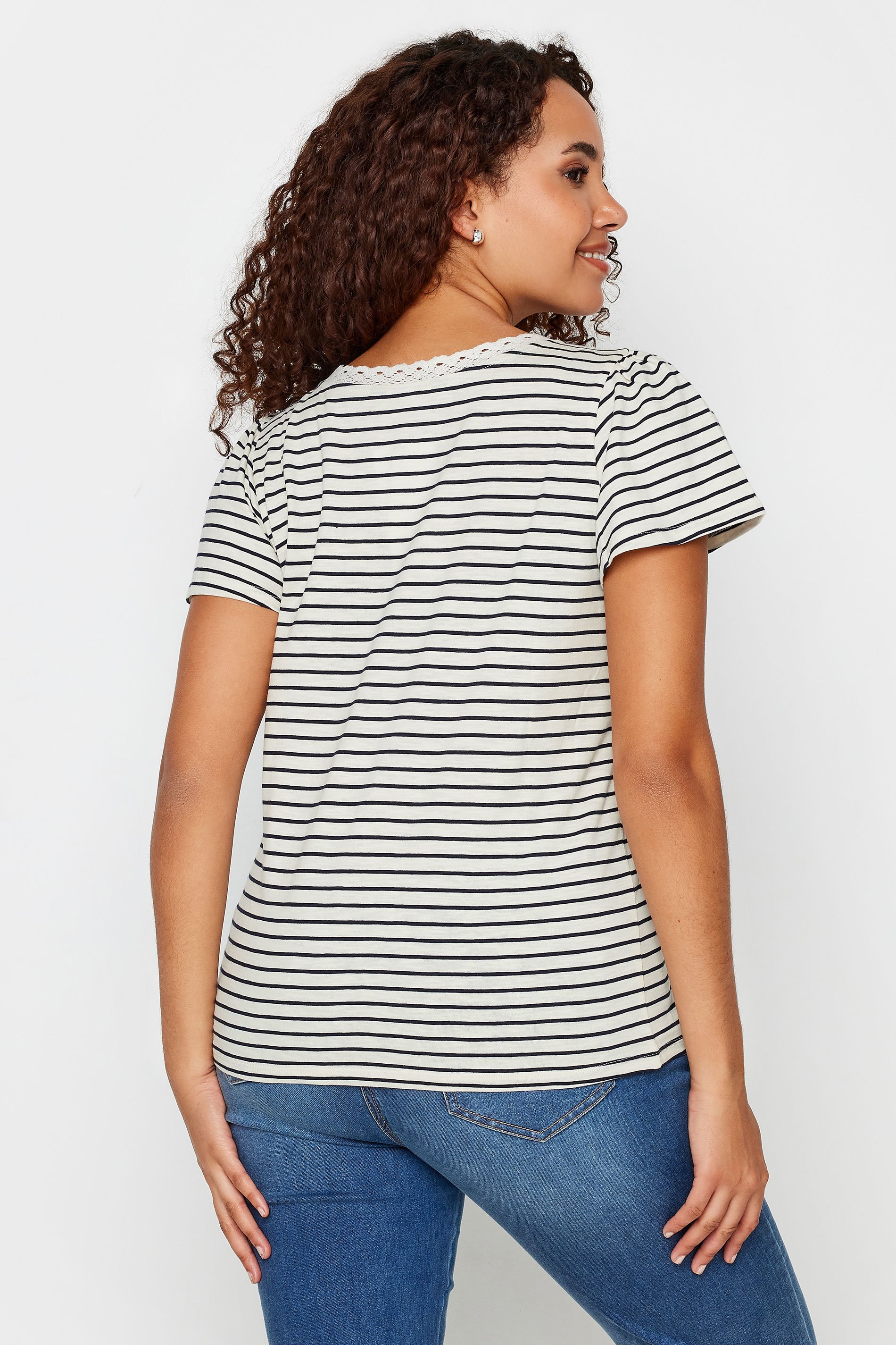 M&Co Black & White Striped Lace Trim T-Shirt | M&Co 3