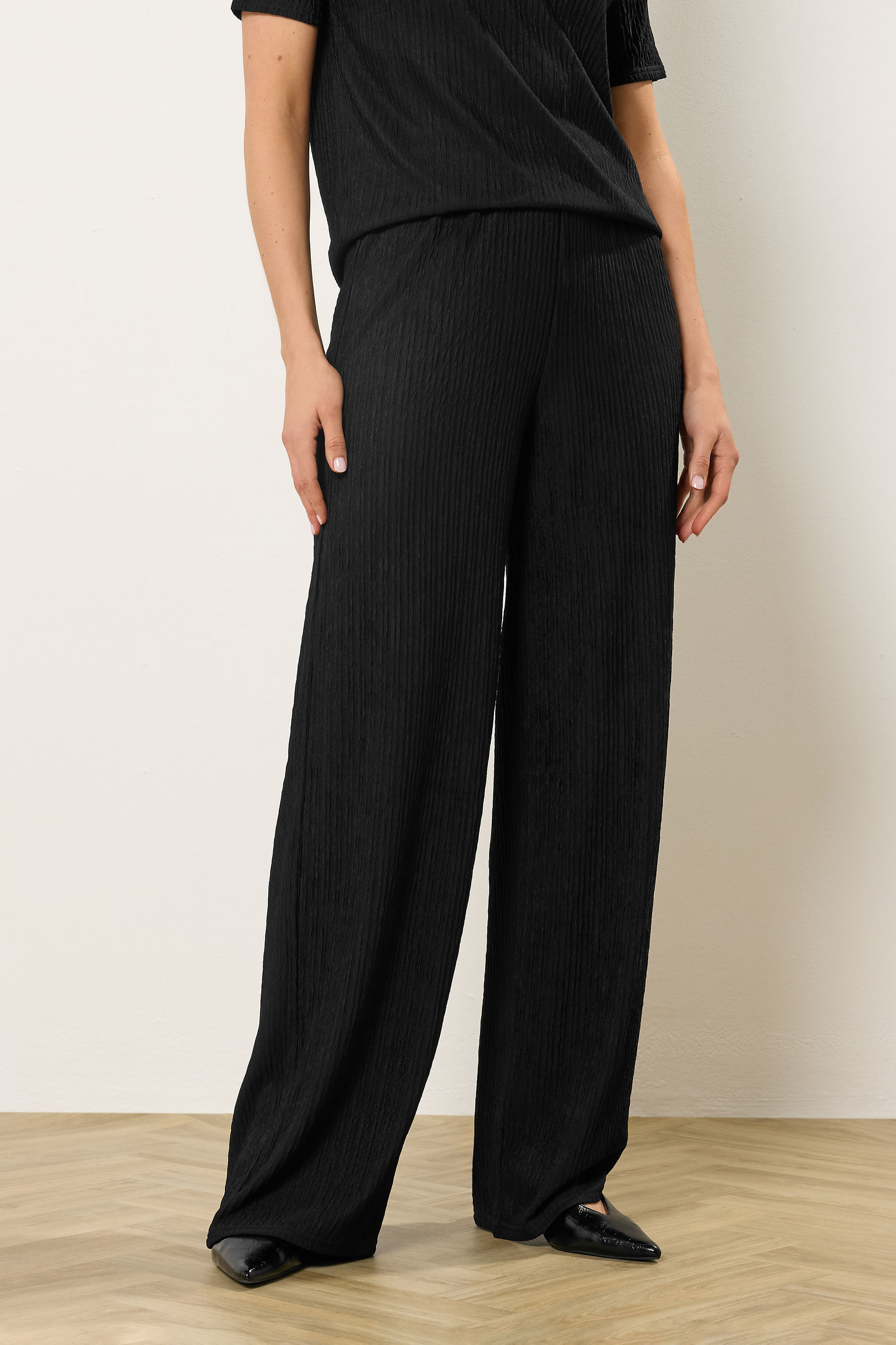 LTS Tall Black Textured Elasticated Waist Wide Leg Trousers | Long Tall Sally 1