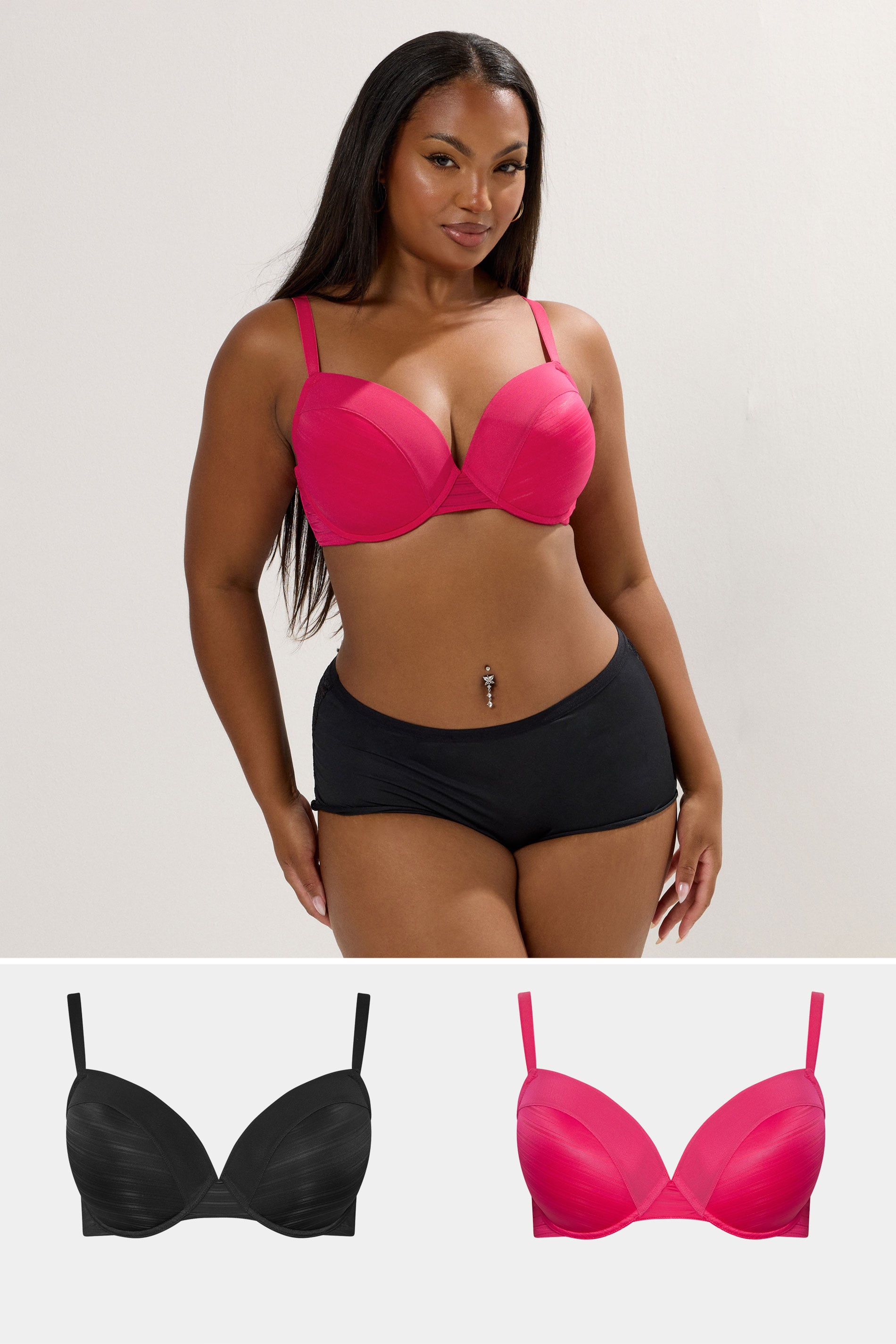 YOURSET 2 PACK Plus Size Black & Pink Burnout Stripe T-Shirt Bras | Yours Clothing 1