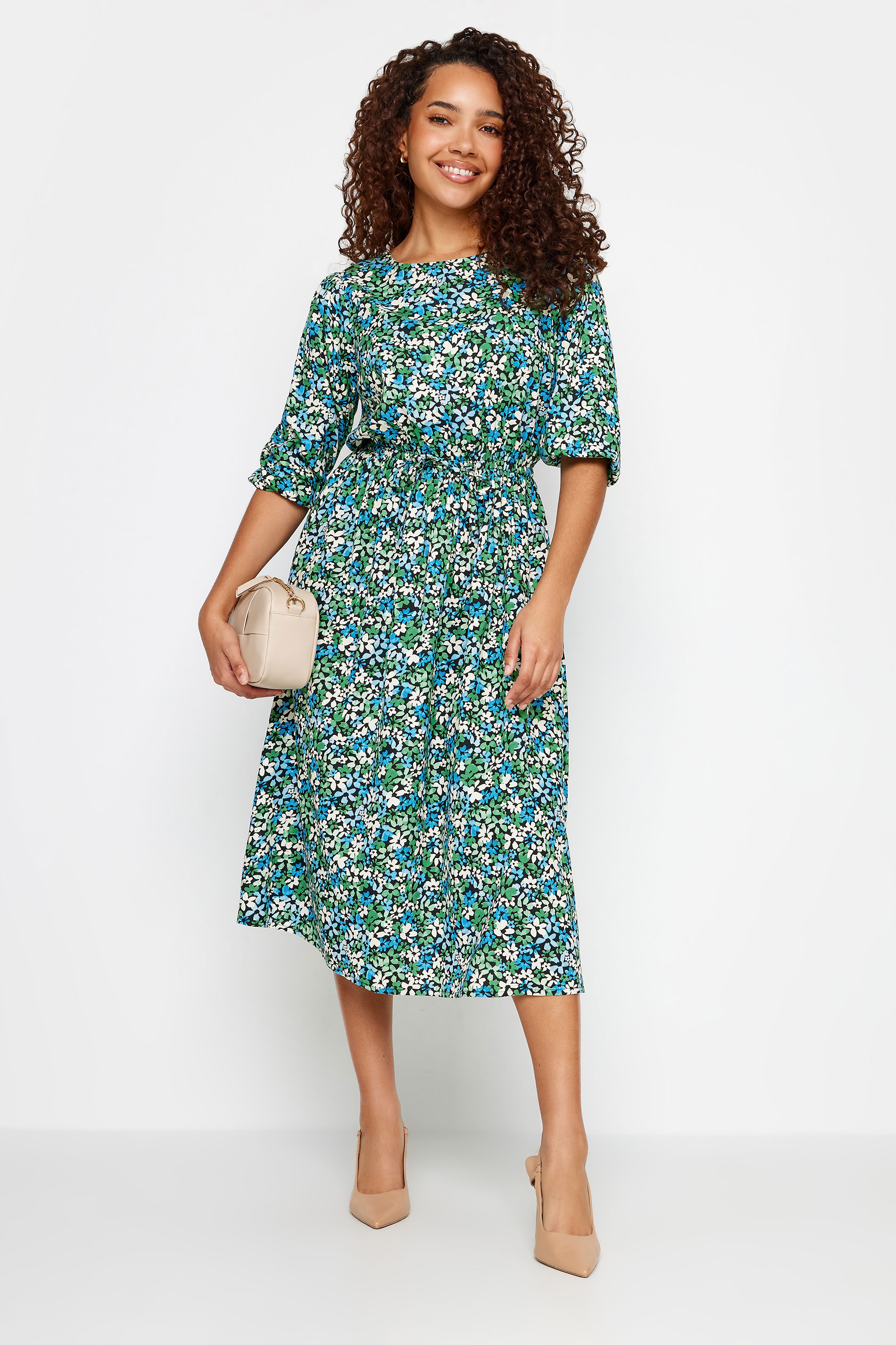 M&Co Green Floral Shirred Waist Long Sleeve Midi Dress | M&Co 1