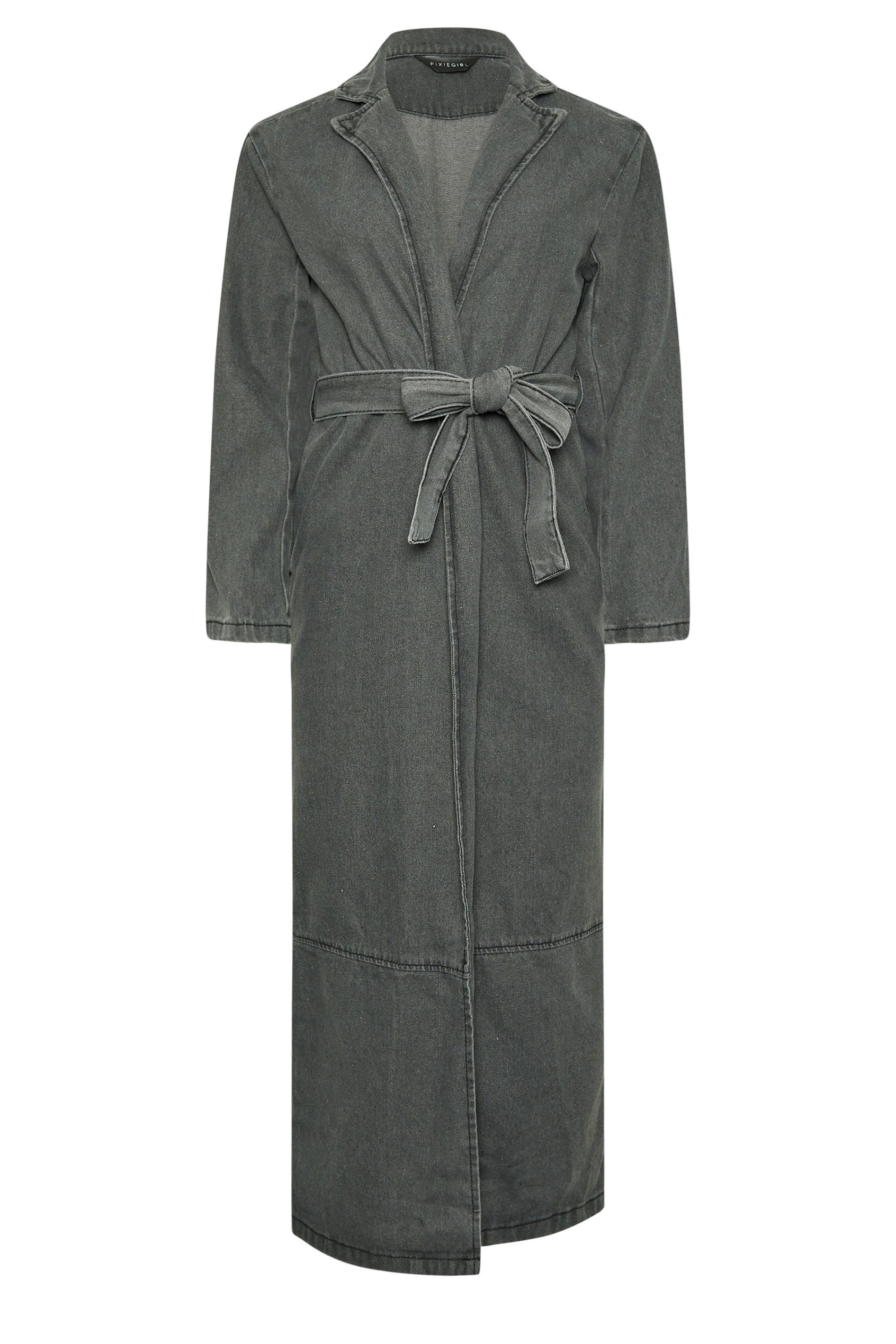 PixieGirl Petite Women's Grey Wash Denim Longline Cotton Trench Coat | PixieGirl 6