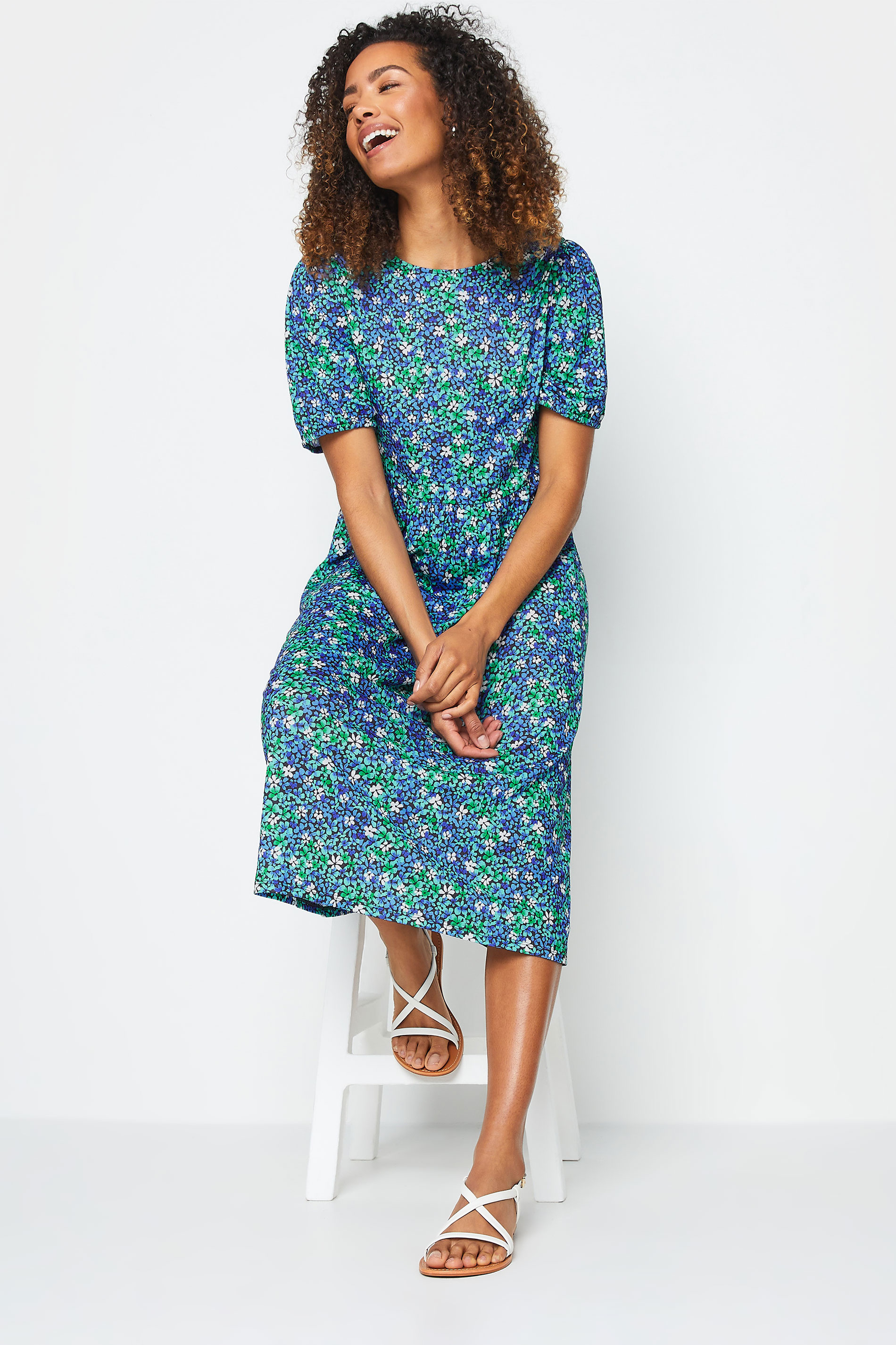 M&Co Blue Dity Floral Print Short Sleeve Smock Dress | M&Co 2