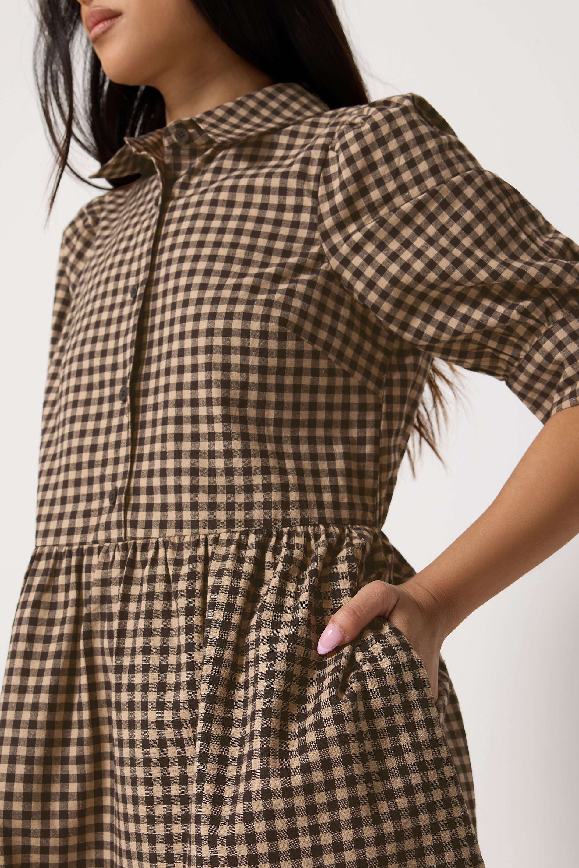 PixieGirl Petite Women's Brown Gingham Print Cotton Shirt Midi Dress | PixieGirl 4