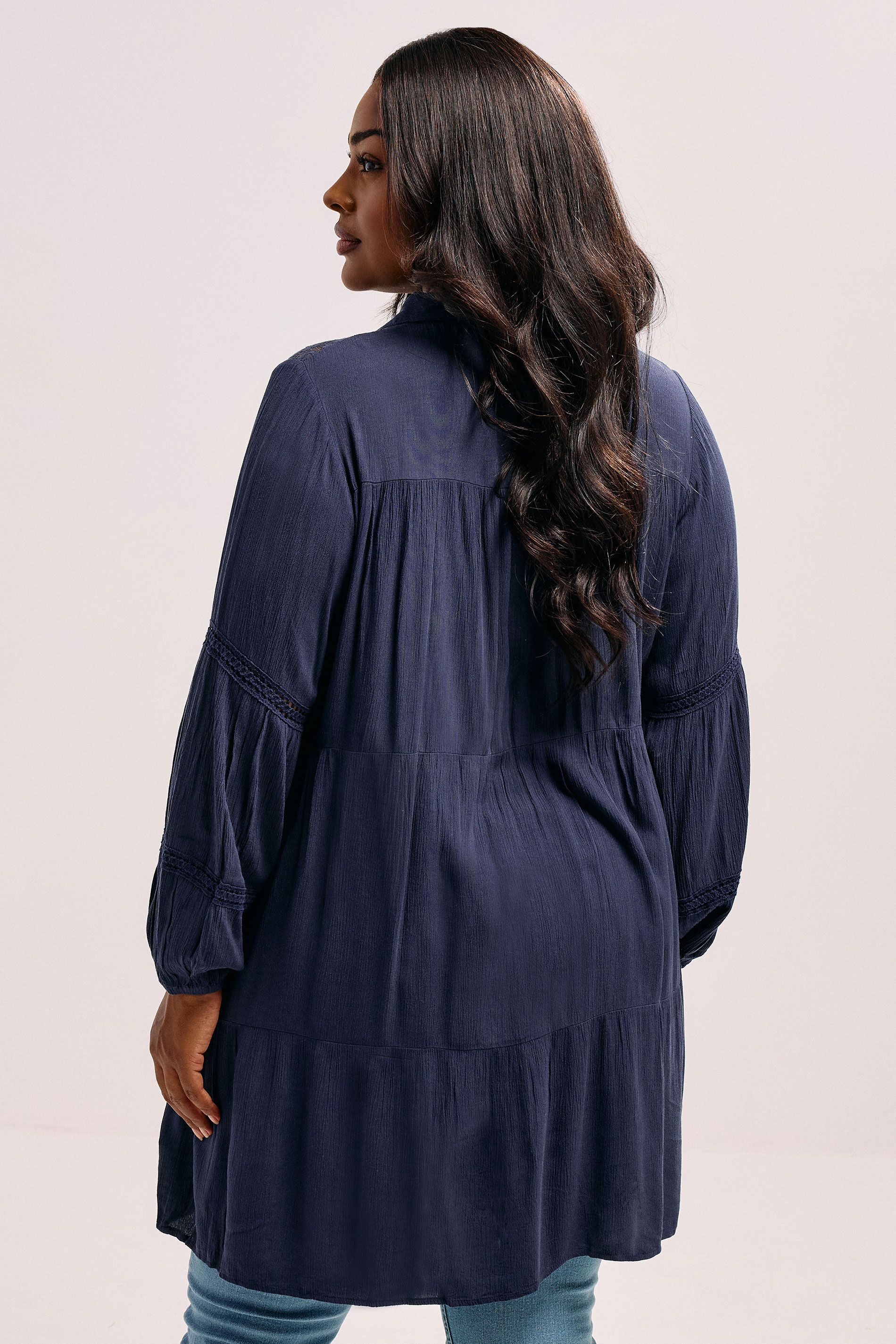 YOURS Plus Size Navy Blue Tiered Crochet Detail Shirt | Yours Clothing 2