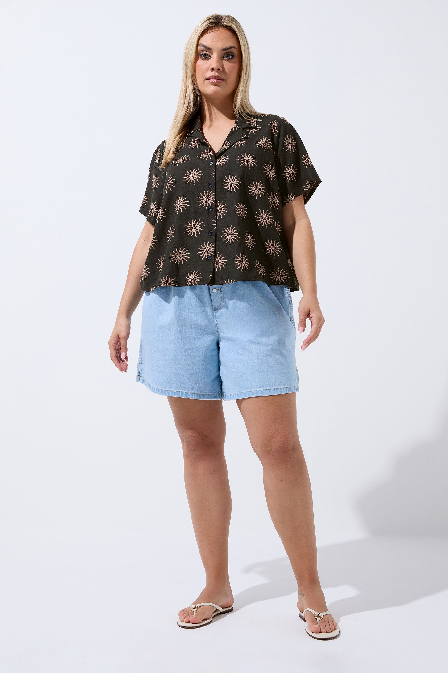 LIMITED COLLECTION Curve Dark Brown Sun Print Linen Boxy Shirt | Yours Clothing 2