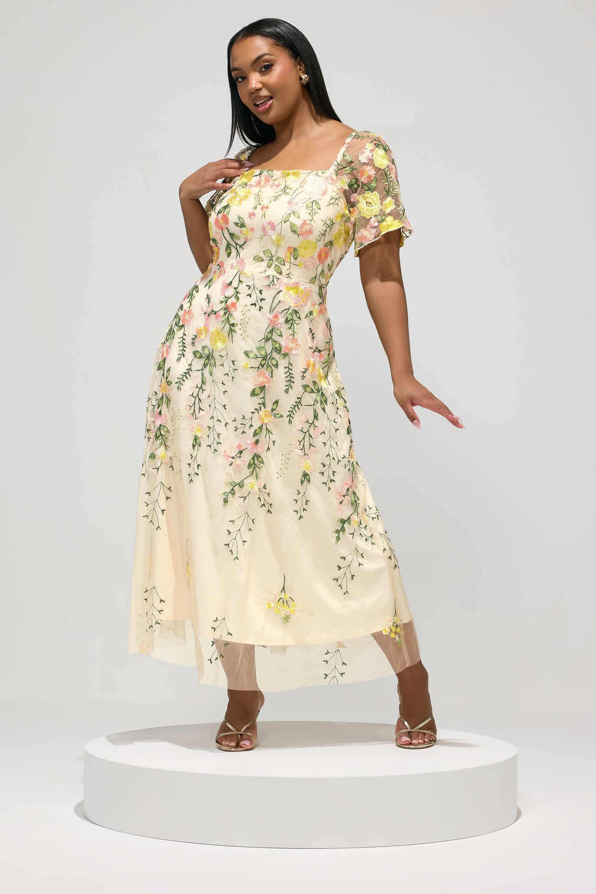 YOURS LONDON Plus Size Yellow Embroidered Floral Maxi Dress | Yours Clothing 1